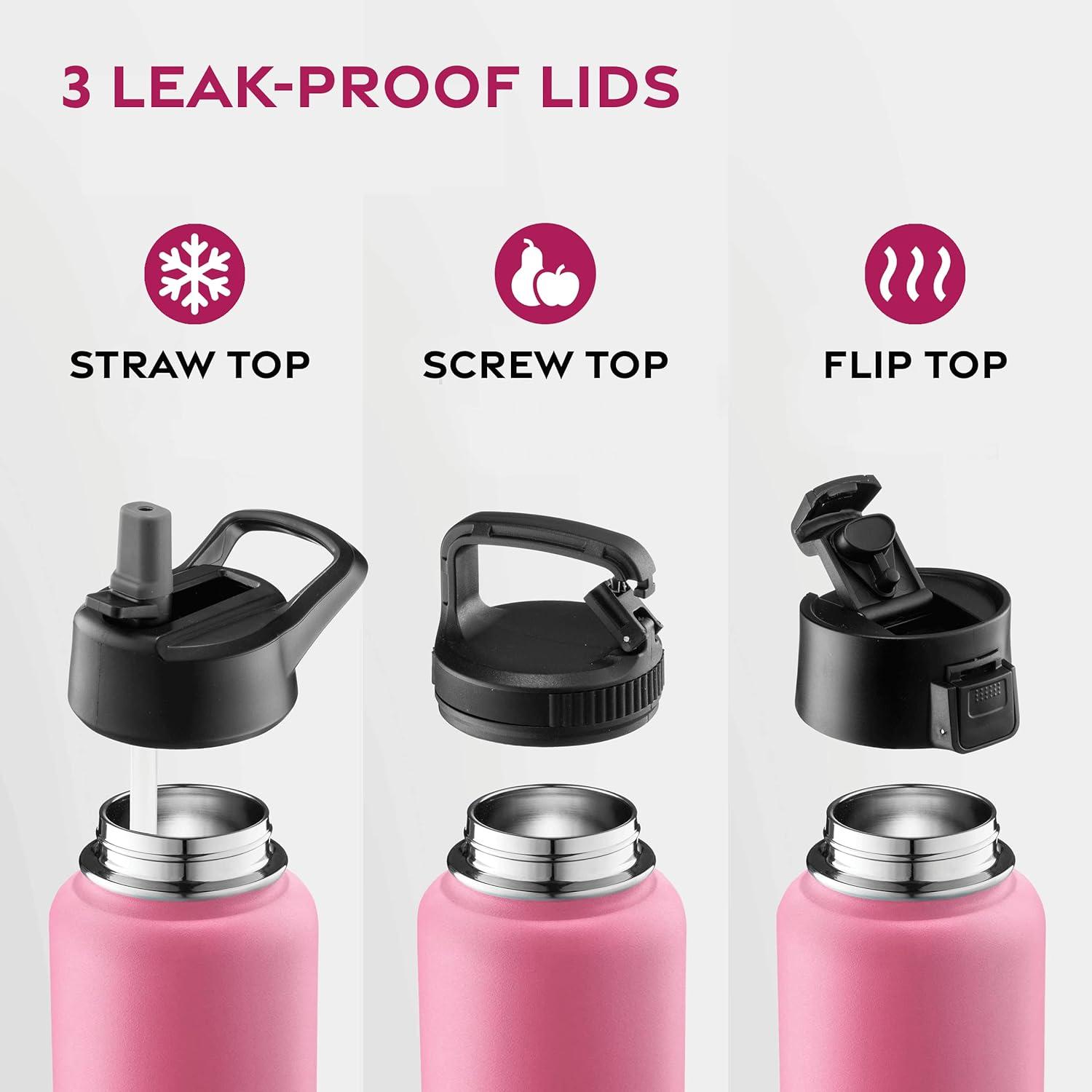 imageFineDine 25 Oz Insulated Water Bottle with Straw Triple Walled Stainless Steel Metal Bottle W 3 Leak Proof Lids For Travel School Sports GymMen Women ampamp Kids Inky Raven BlackStriking French Rose