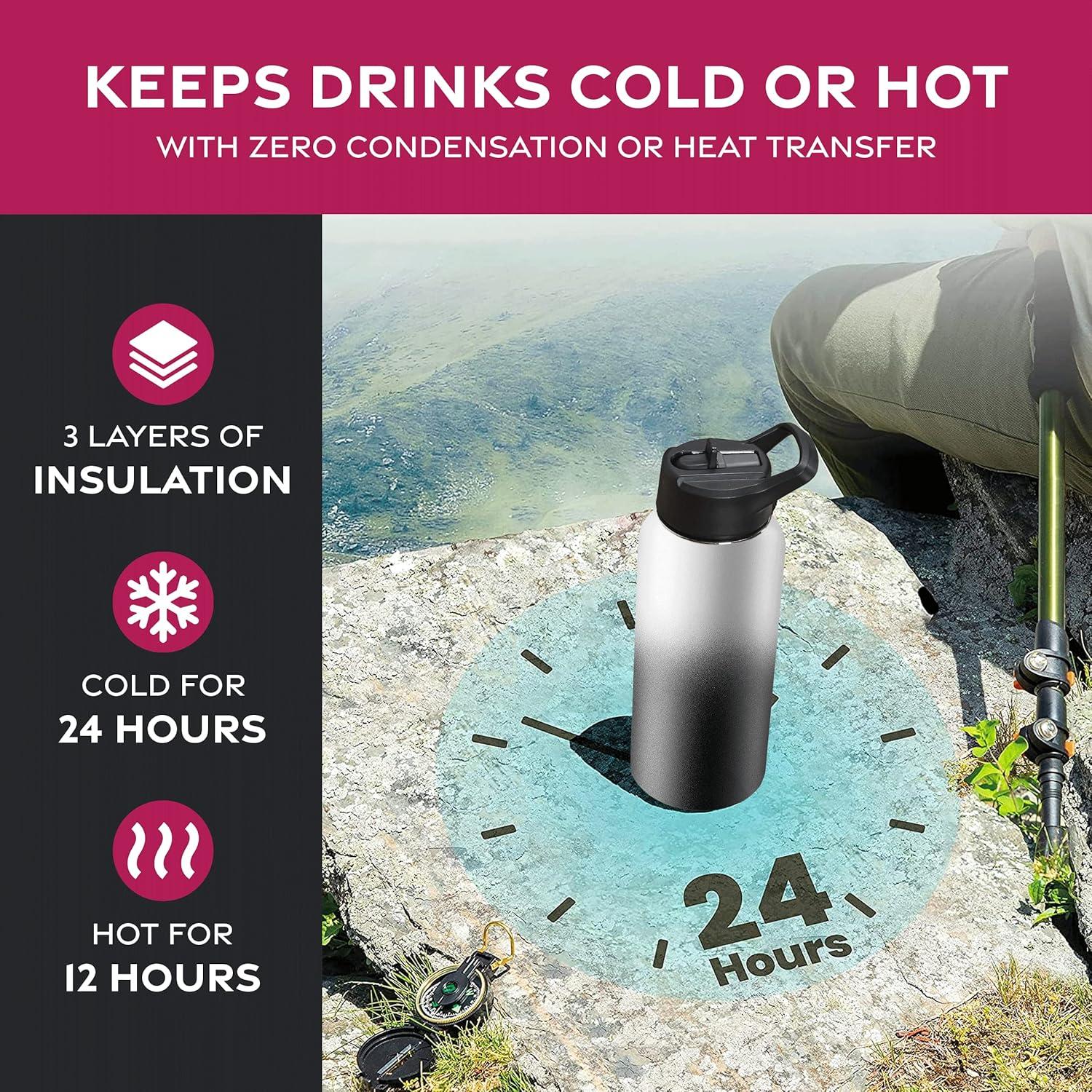 imageFineDine 25 Oz Insulated Water Bottle with Straw Triple Walled Stainless Steel Metal Bottle W 3 Leak Proof Lids For Travel School Sports GymMen Women ampamp Kids Inky Raven BlackDreamy BlackWhite