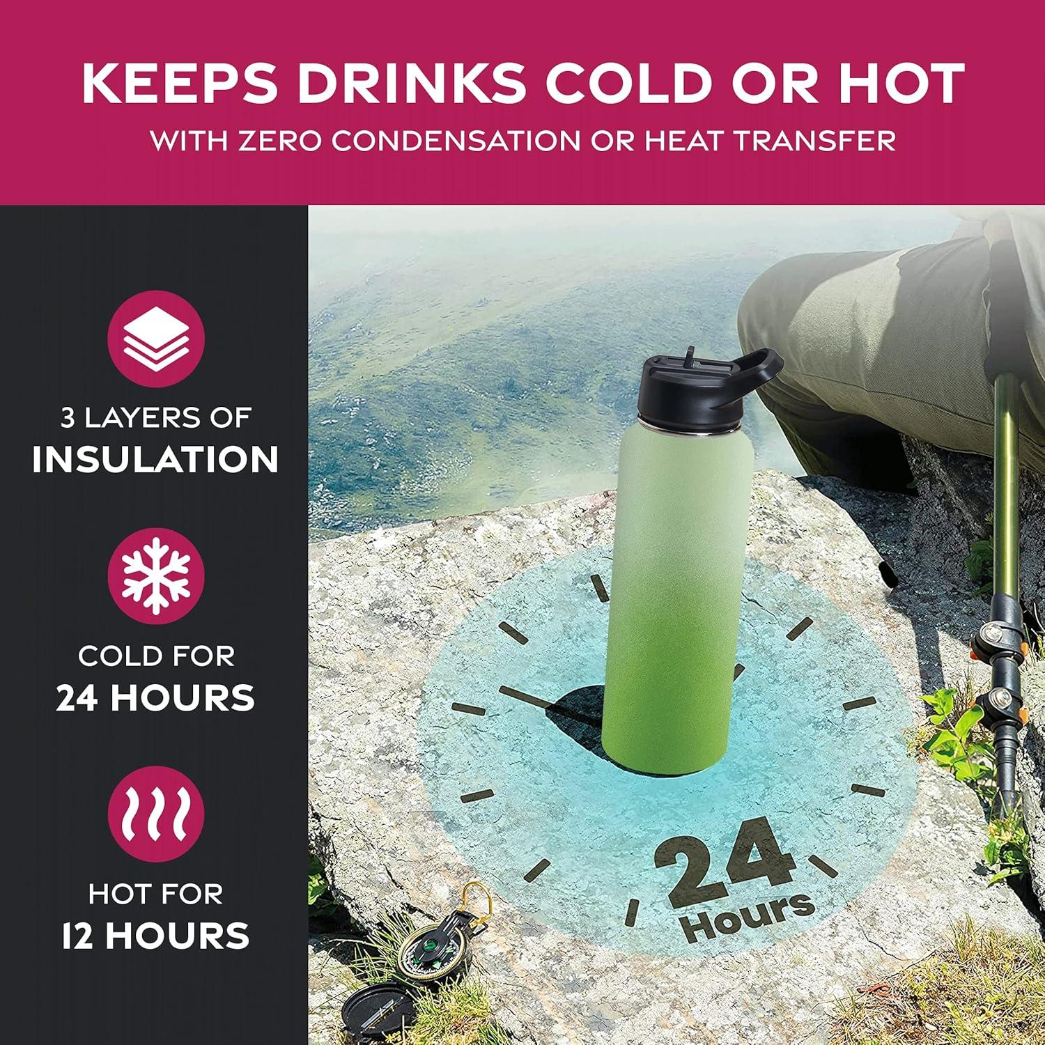 imageFineDine 25 Oz Insulated Water Bottle with Straw Triple Walled Stainless Steel Metal Bottle W 3 Leak Proof Lids For Travel School Sports GymMen Women ampamp Kids Inky Raven BlackDreamy Green