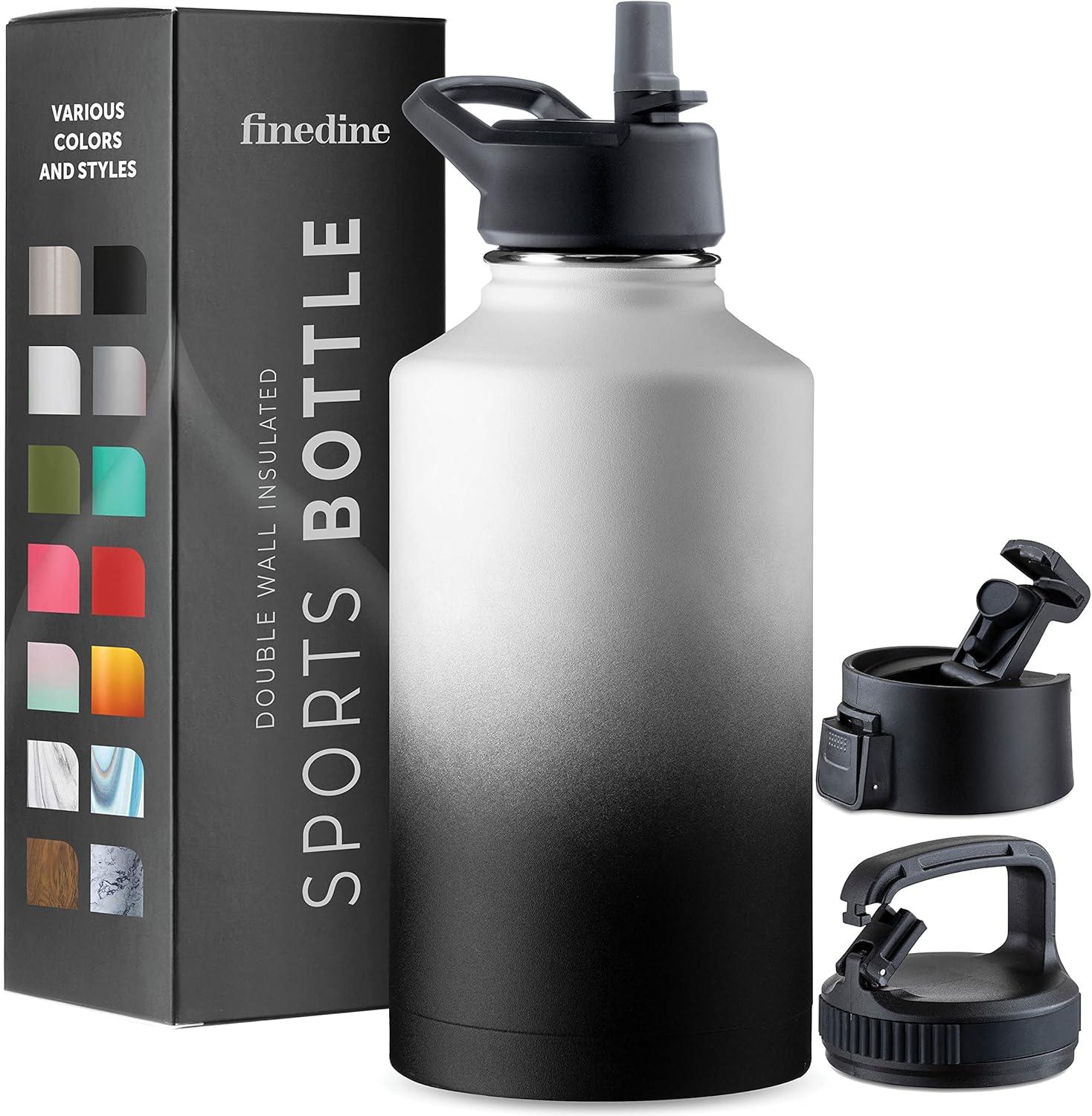 imageFineDine 25 Oz Insulated Water Bottle with Straw Triple Walled Stainless Steel Metal Bottle W 3 Leak Proof Lids For Travel School Sports GymMen Women ampamp Kids Inky Raven BlackDreamy BlackWhite