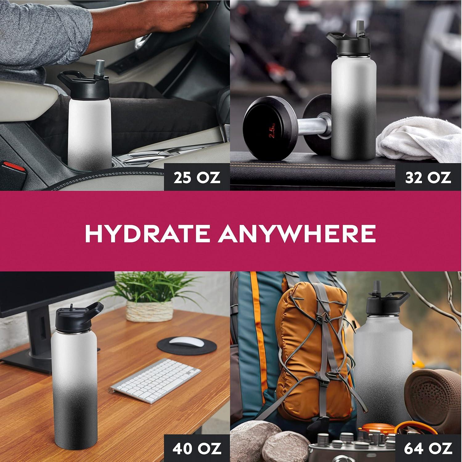 imageFineDine 25 Oz Insulated Water Bottle with Straw Triple Walled Stainless Steel Metal Bottle W 3 Leak Proof Lids For Travel School Sports GymMen Women ampamp Kids Inky Raven BlackDreamy BlackWhite