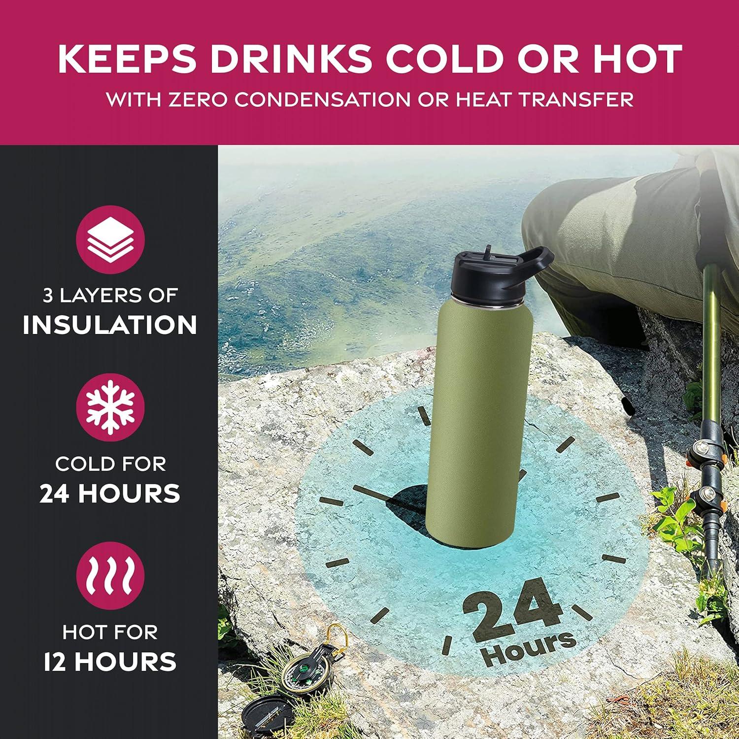 imageFineDine 25 Oz Insulated Water Bottle with Straw Triple Walled Stainless Steel Metal Bottle W 3 Leak Proof Lids For Travel School Sports GymMen Women ampamp Kids Inky Raven BlackArmy Green