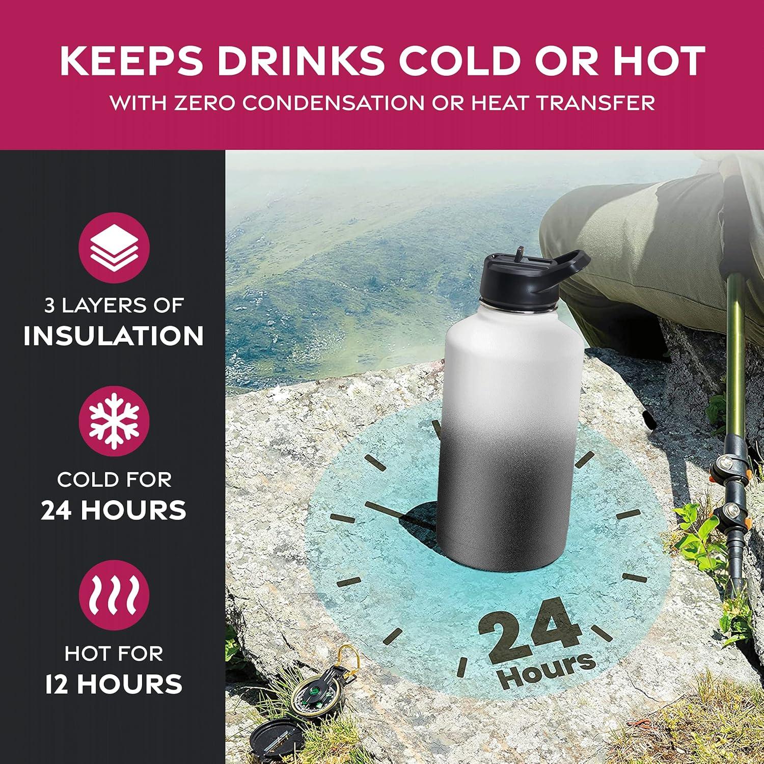 imageFineDine 25 Oz Insulated Water Bottle with Straw Triple Walled Stainless Steel Metal Bottle W 3 Leak Proof Lids For Travel School Sports GymMen Women ampamp Kids Inky Raven BlackDreamy BlackWhite