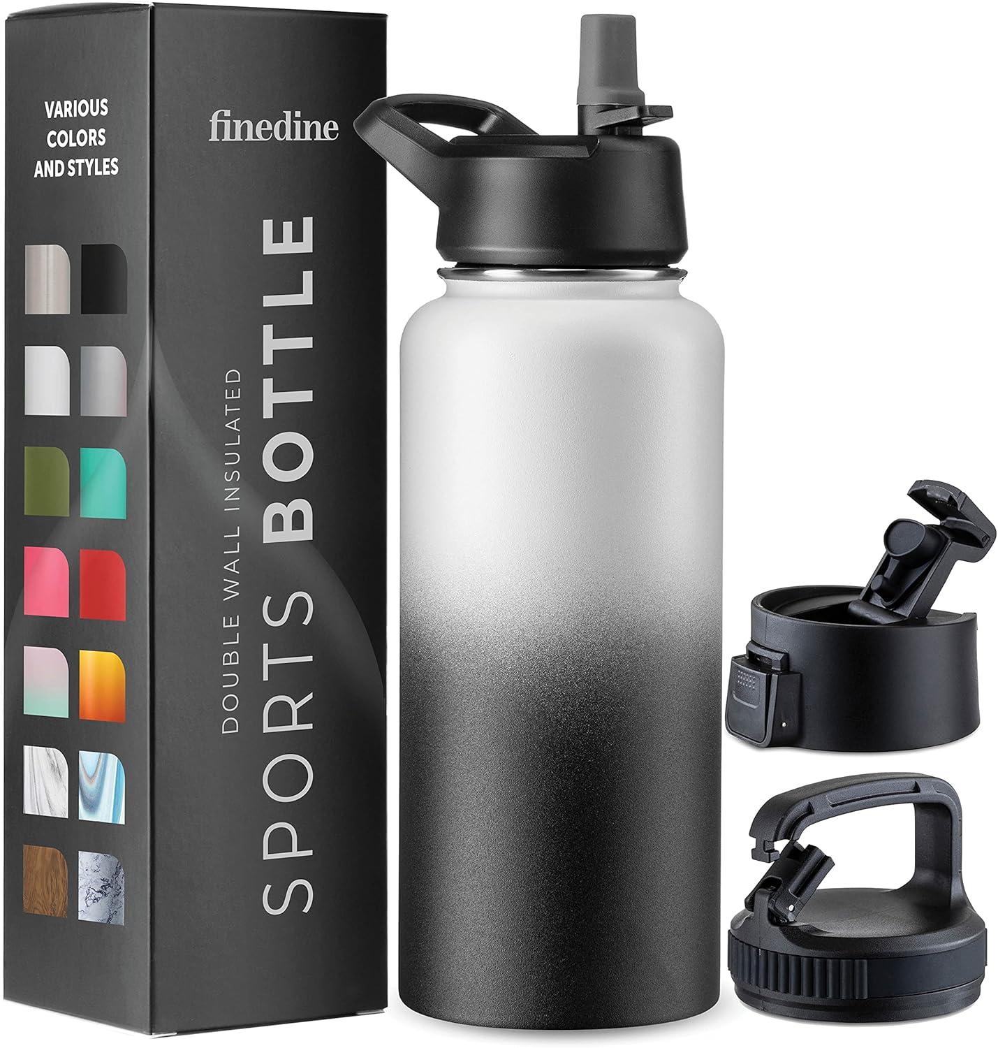 imageFineDine 25 Oz Insulated Water Bottle with Straw Triple Walled Stainless Steel Metal Bottle W 3 Leak Proof Lids For Travel School Sports GymMen Women ampamp Kids Inky Raven BlackDreamy BlackWhite