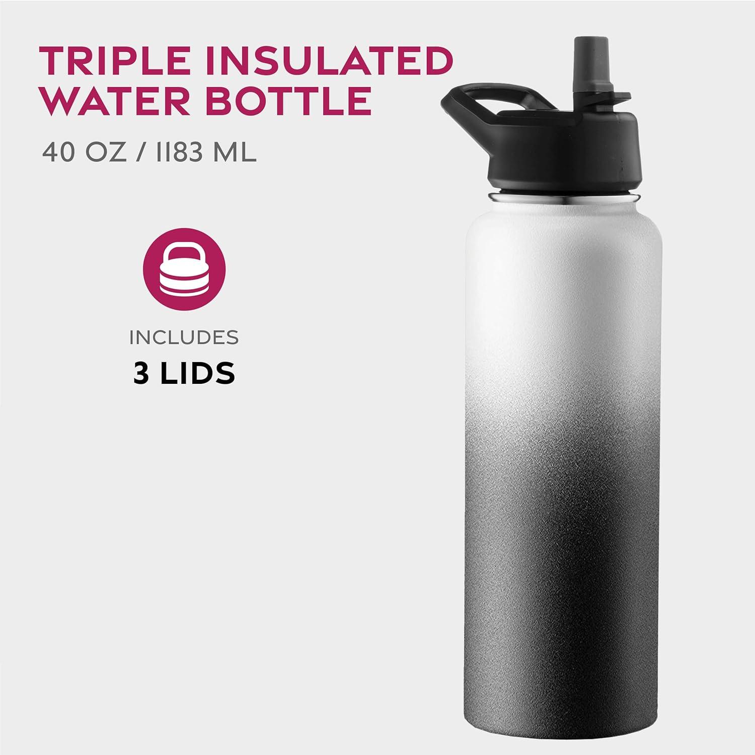 imageFineDine 25 Oz Insulated Water Bottle with Straw Triple Walled Stainless Steel Metal Bottle W 3 Leak Proof Lids For Travel School Sports GymMen Women ampamp Kids Inky Raven BlackDreamy BlackWhite
