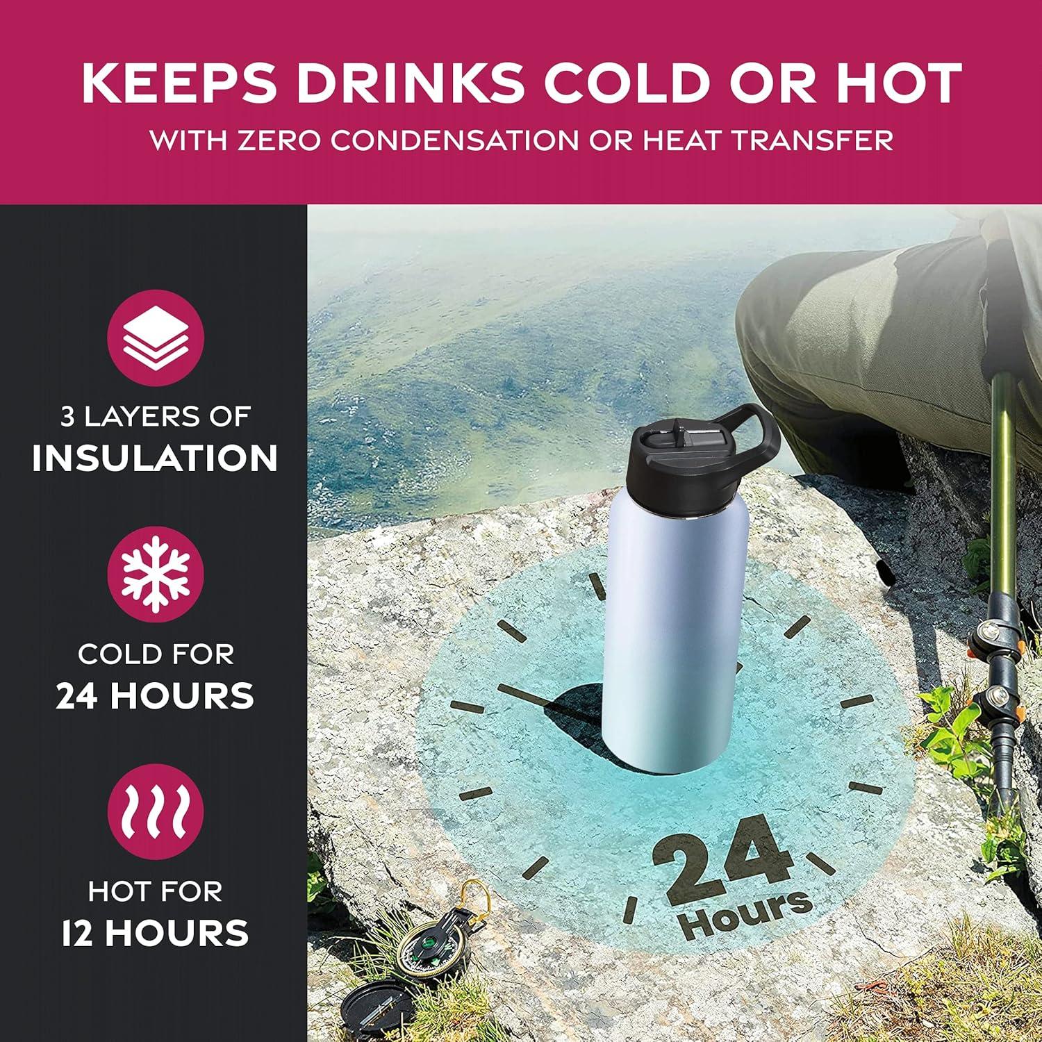 imageFineDine 25 Oz Insulated Water Bottle with Straw Triple Walled Stainless Steel Metal Bottle W 3 Leak Proof Lids For Travel School Sports GymMen Women ampamp Kids Inky Raven BlackPowder Steel Blue Blend