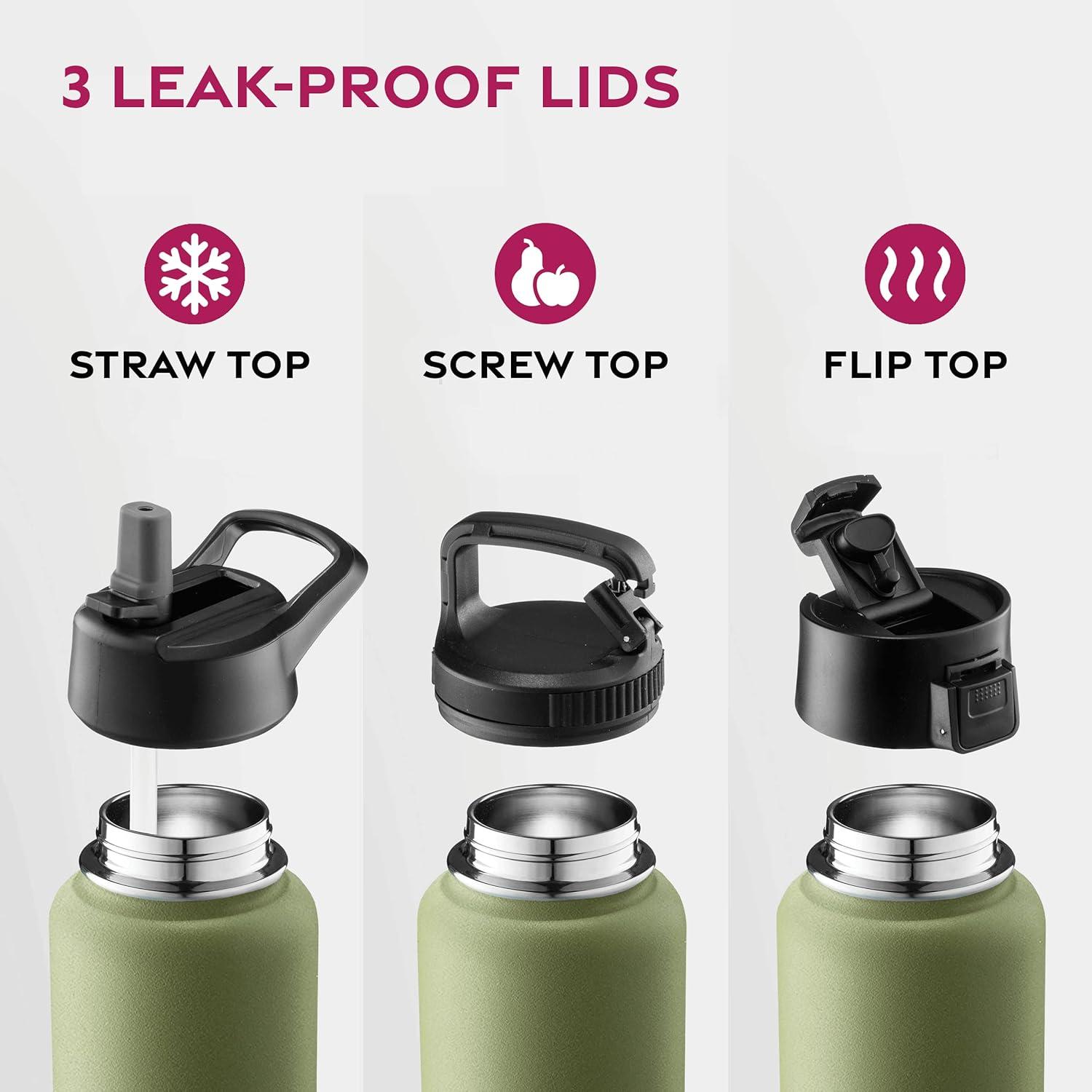 imageFineDine 25 Oz Insulated Water Bottle with Straw Triple Walled Stainless Steel Metal Bottle W 3 Leak Proof Lids For Travel School Sports GymMen Women ampamp Kids Inky Raven BlackArmy Green