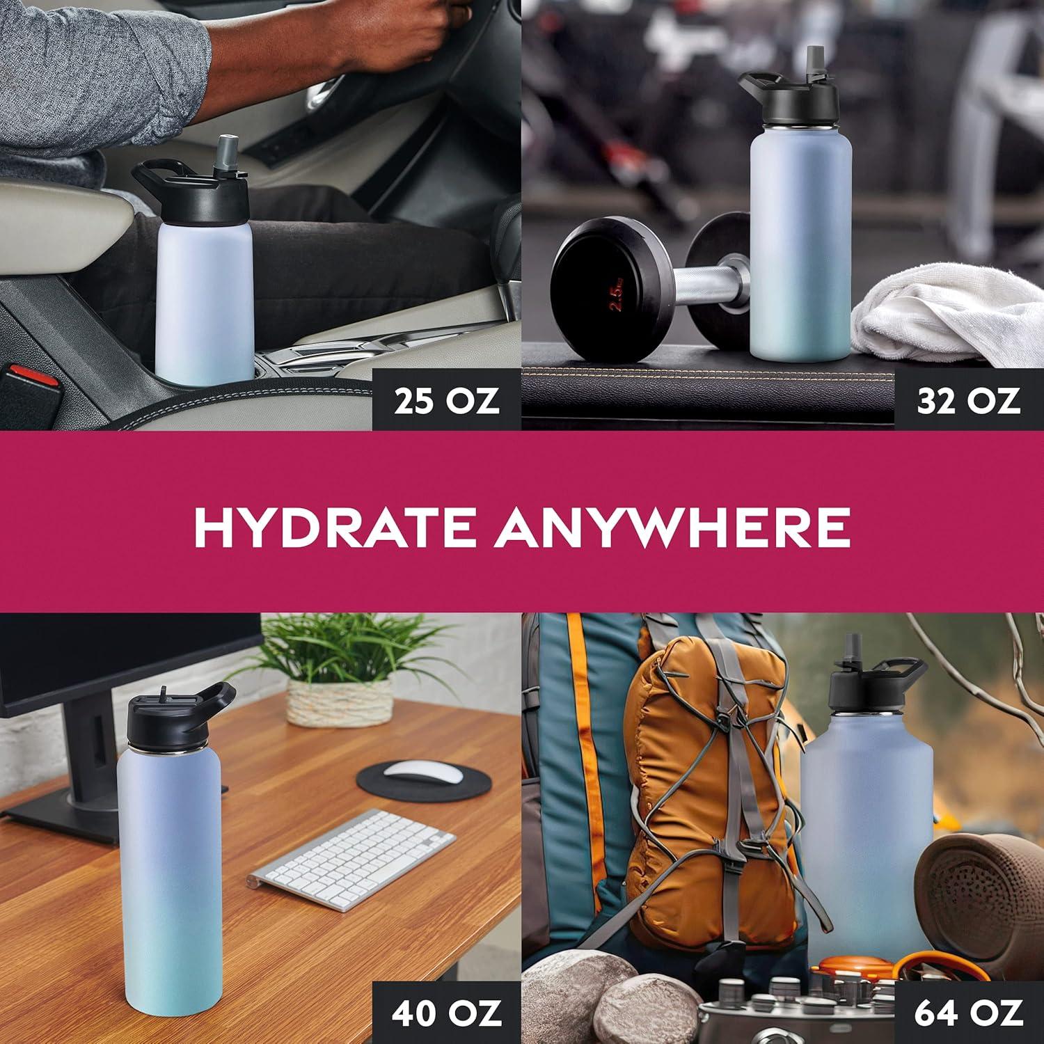 imageFineDine 25 Oz Insulated Water Bottle with Straw Triple Walled Stainless Steel Metal Bottle W 3 Leak Proof Lids For Travel School Sports GymMen Women ampamp Kids Inky Raven BlackPowder Steel Blue Blend