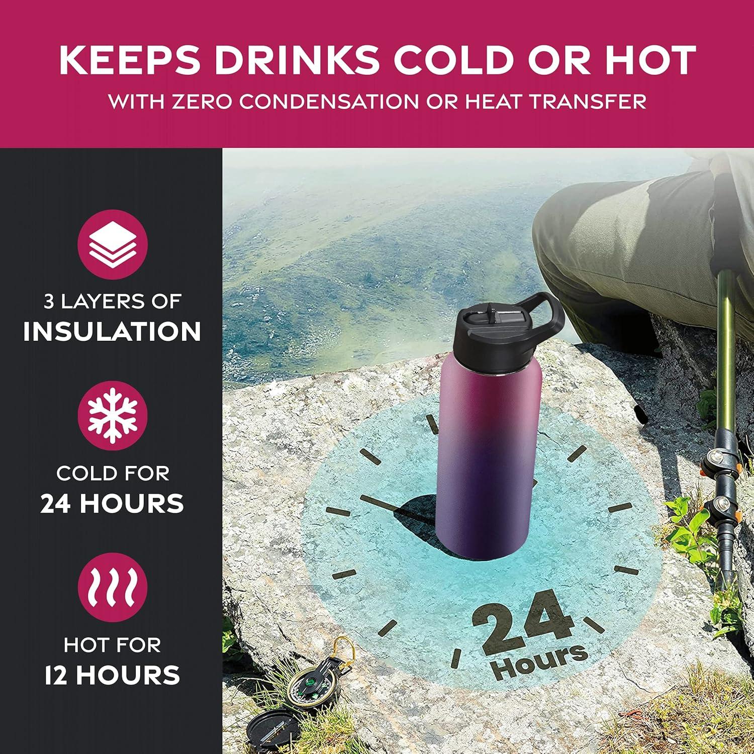 imageFineDine 25 Oz Insulated Water Bottle with Straw Triple Walled Stainless Steel Metal Bottle W 3 Leak Proof Lids For Travel School Sports GymMen Women ampamp Kids Inky Raven BlackDreamy Purple