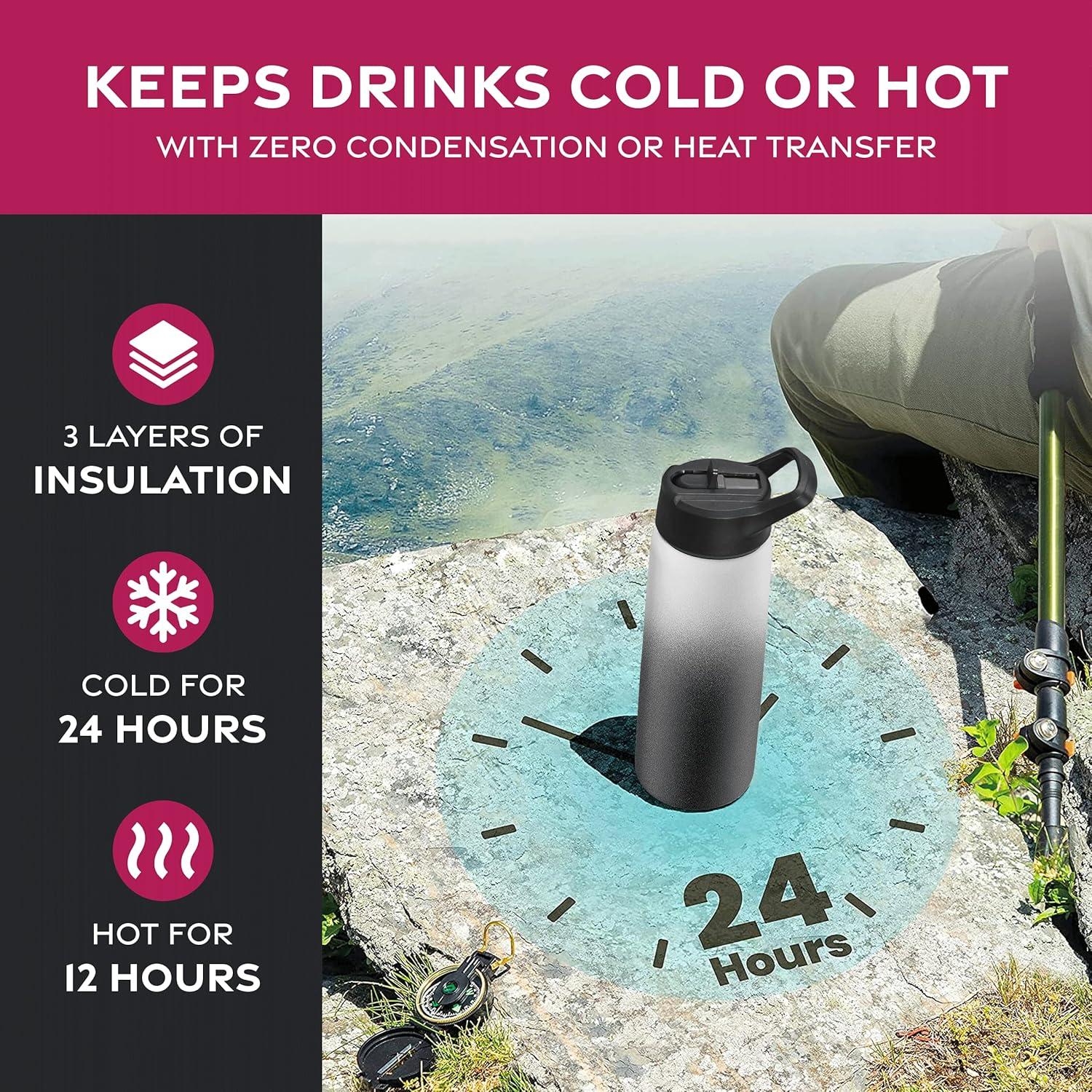 imageFineDine 25 Oz Insulated Water Bottle with Straw Triple Walled Stainless Steel Metal Bottle W 3 Leak Proof Lids For Travel School Sports GymMen Women ampamp Kids Inky Raven BlackDreamy BlackWhite