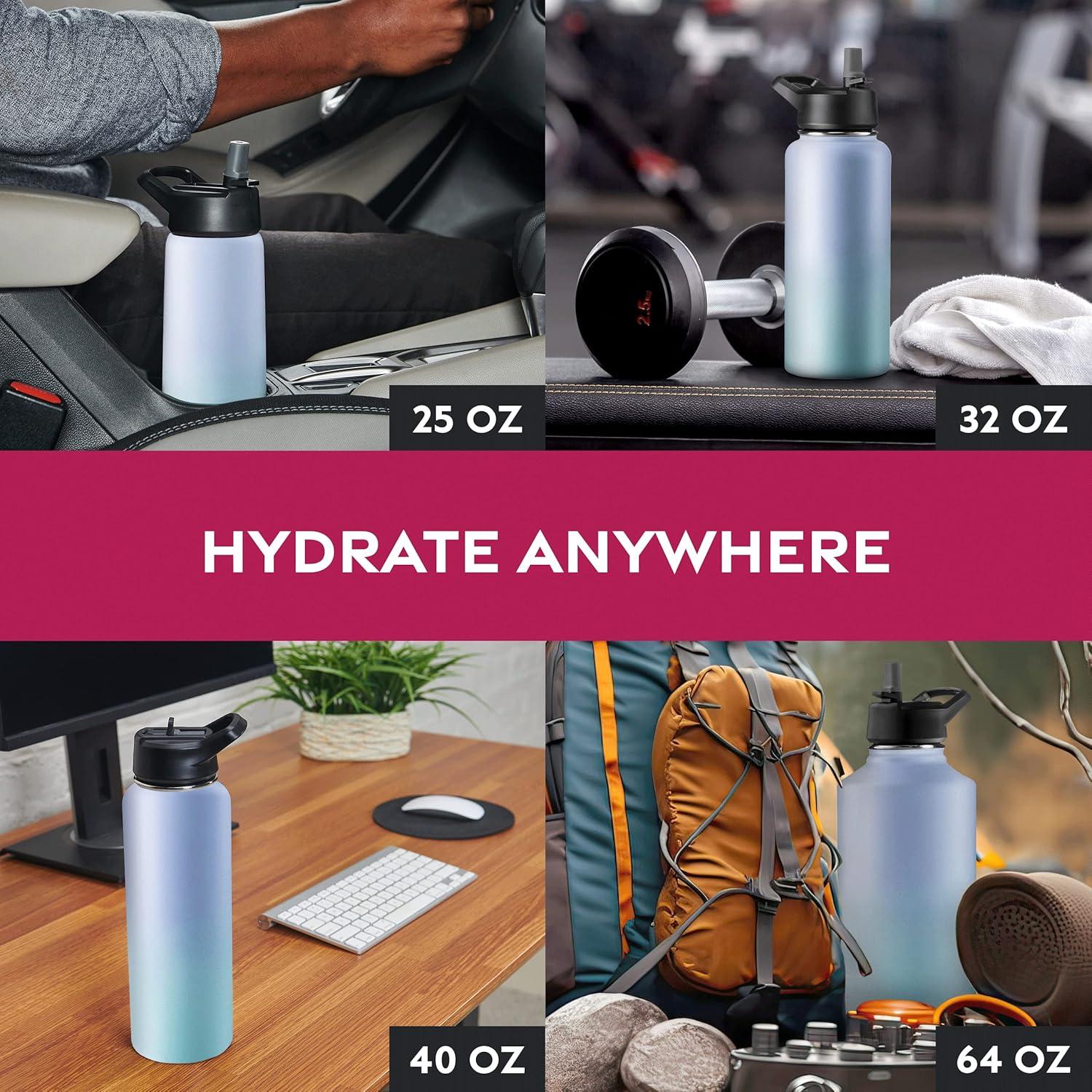 imageFineDine 25 Oz Insulated Water Bottle with Straw Triple Walled Stainless Steel Metal Bottle W 3 Leak Proof Lids For Travel School Sports GymMen Women ampamp Kids Inky Raven BlackPowder Steel Blue Blend