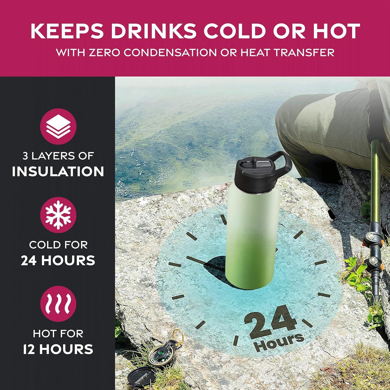 imageFineDine 25 Oz Insulated Water Bottle with Straw Triple Walled Stainless Steel Metal Bottle W 3 Leak Proof Lids For Travel School Sports GymMen Women ampamp Kids Inky Raven BlackDreamy Green