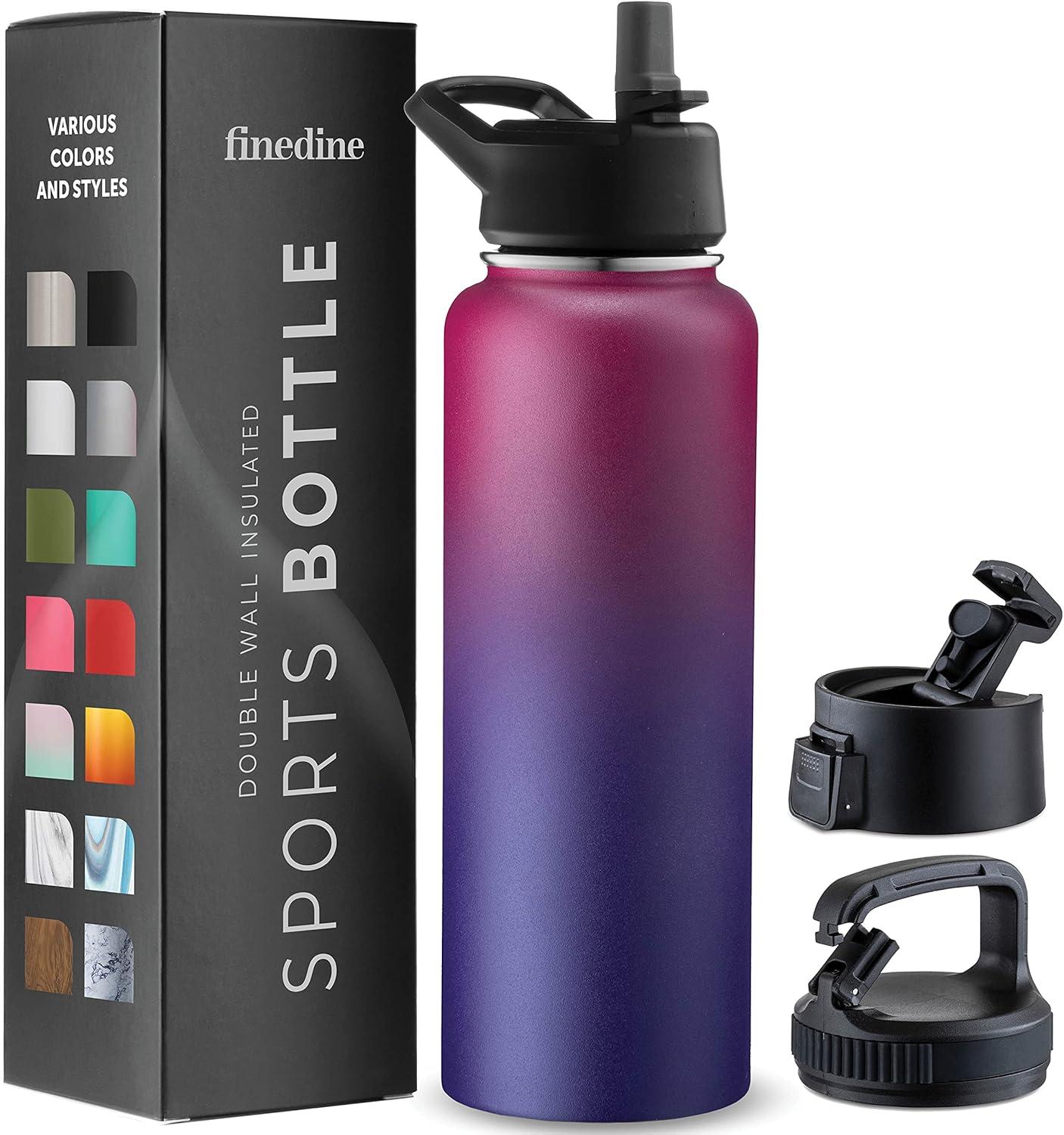 imageFineDine 25 Oz Insulated Water Bottle with Straw Triple Walled Stainless Steel Metal Bottle W 3 Leak Proof Lids For Travel School Sports GymMen Women ampamp Kids Inky Raven BlackDreamy Purple