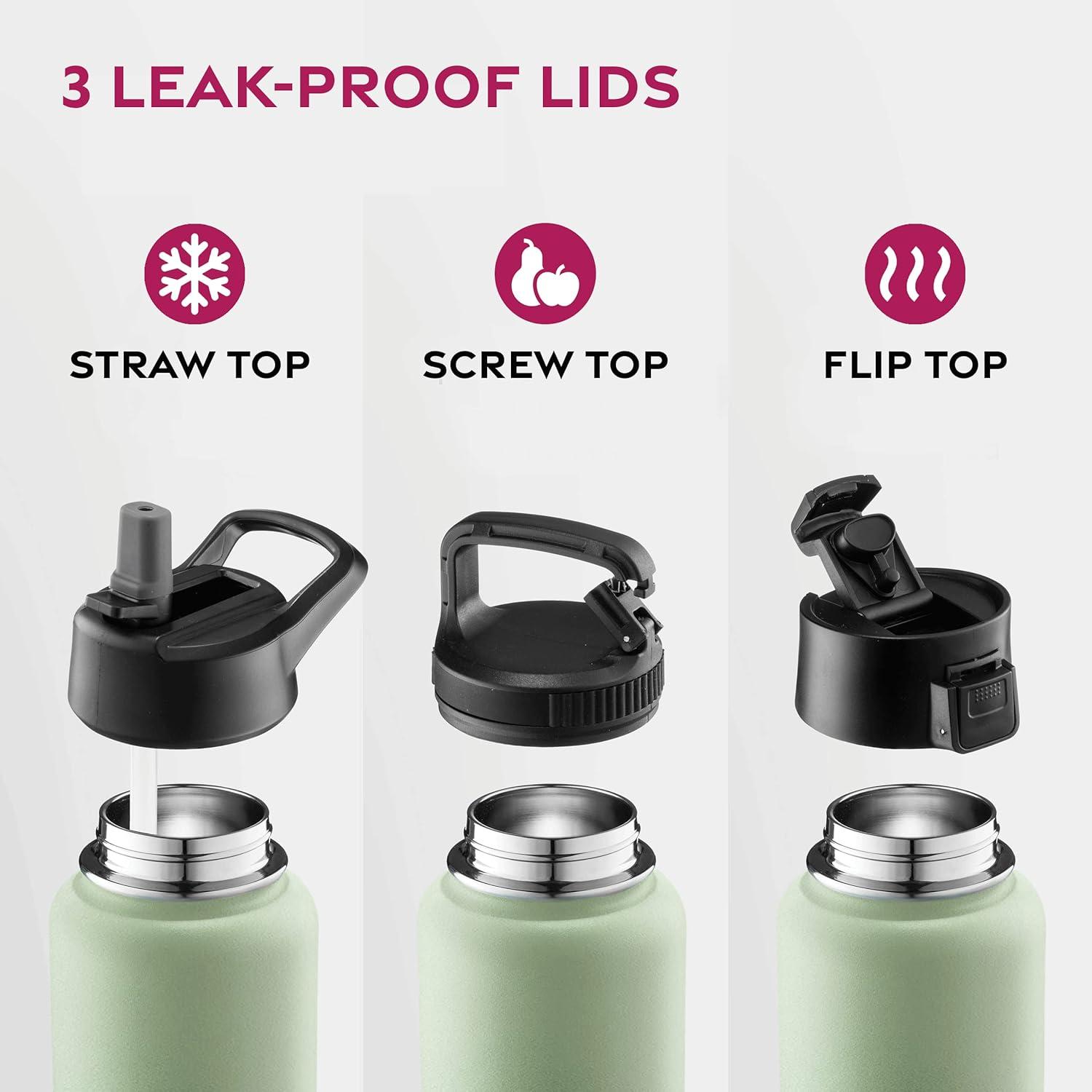 imageFineDine 25 Oz Insulated Water Bottle with Straw Triple Walled Stainless Steel Metal Bottle W 3 Leak Proof Lids For Travel School Sports GymMen Women ampamp Kids Inky Raven BlackDreamy Green