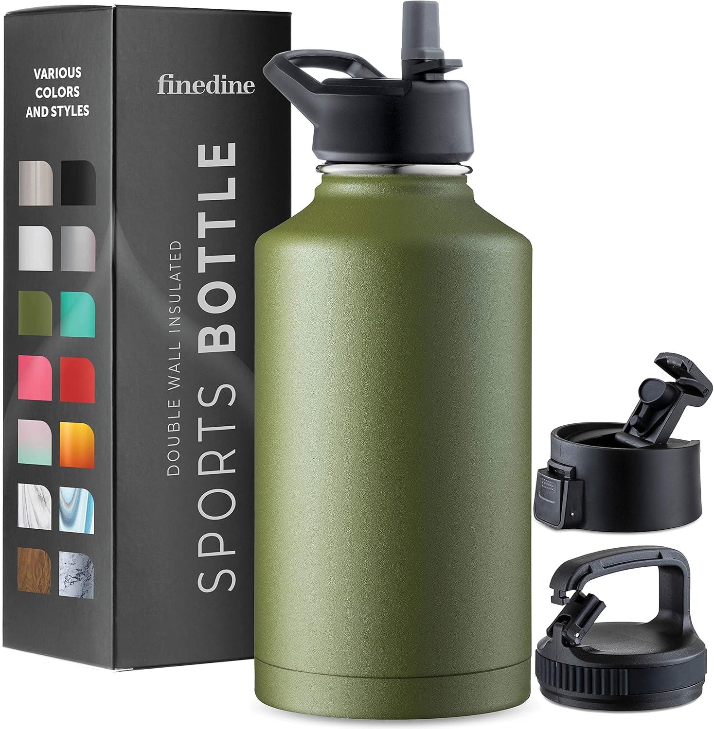imageFineDine 25 Oz Insulated Water Bottle with Straw Triple Walled Stainless Steel Metal Bottle W 3 Leak Proof Lids For Travel School Sports GymMen Women ampamp Kids Inky Raven BlackArmy Green