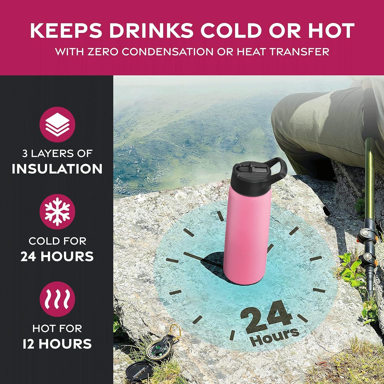 imageFineDine 25 Oz Insulated Water Bottle with Straw Triple Walled Stainless Steel Metal Bottle W 3 Leak Proof Lids For Travel School Sports GymMen Women ampamp Kids Inky Raven BlackStriking French Rose