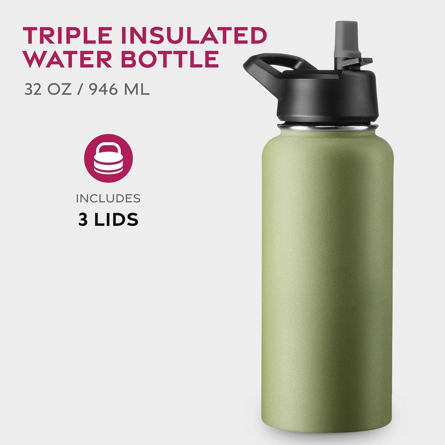 imageFineDine 25 Oz Insulated Water Bottle with Straw Triple Walled Stainless Steel Metal Bottle W 3 Leak Proof Lids For Travel School Sports GymMen Women ampamp Kids Inky Raven BlackArmy Green
