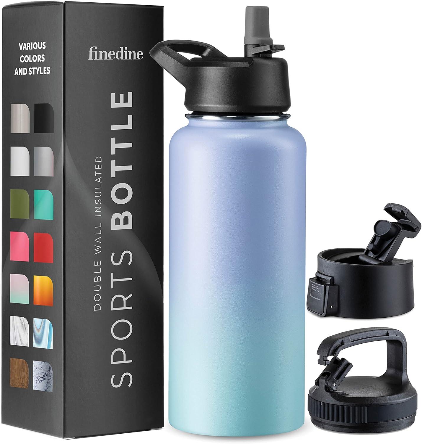 imageFineDine 25 Oz Insulated Water Bottle with Straw Triple Walled Stainless Steel Metal Bottle W 3 Leak Proof Lids For Travel School Sports GymMen Women ampamp Kids Inky Raven BlackPowder Steel Blue Blend