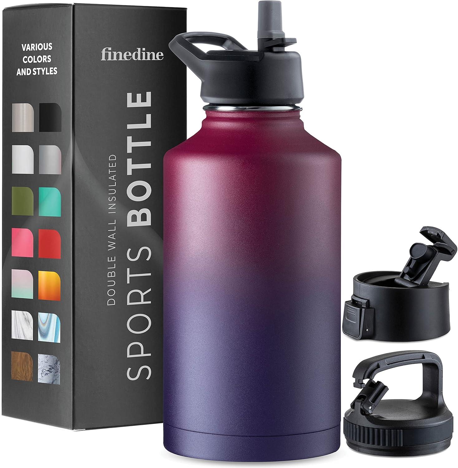 imageFineDine 25 Oz Insulated Water Bottle with Straw Triple Walled Stainless Steel Metal Bottle W 3 Leak Proof Lids For Travel School Sports GymMen Women ampamp Kids Inky Raven BlackDreamy Purple