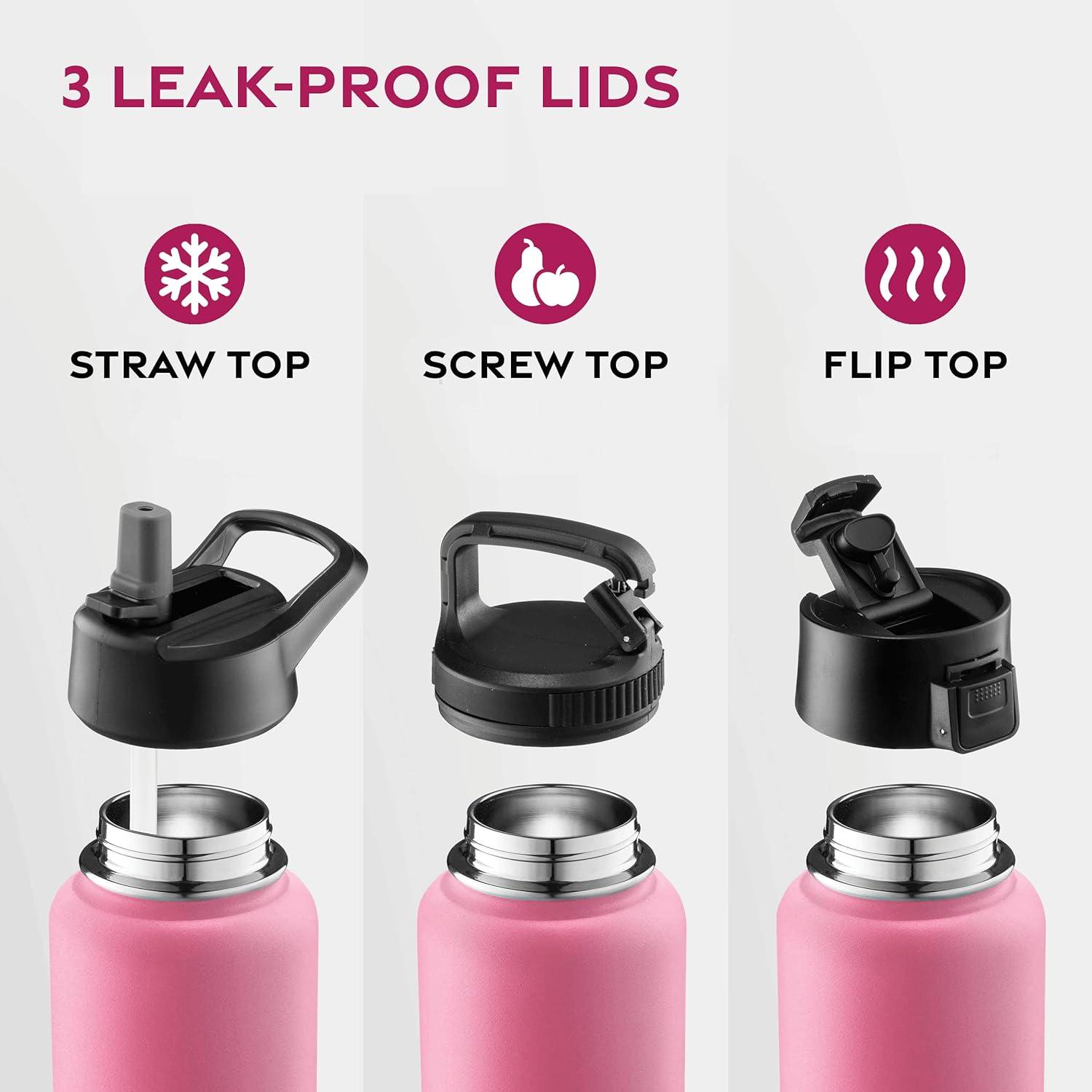 imageFineDine 25 Oz Insulated Water Bottle with Straw Triple Walled Stainless Steel Metal Bottle W 3 Leak Proof Lids For Travel School Sports GymMen Women ampamp Kids Inky Raven BlackStriking French Rose