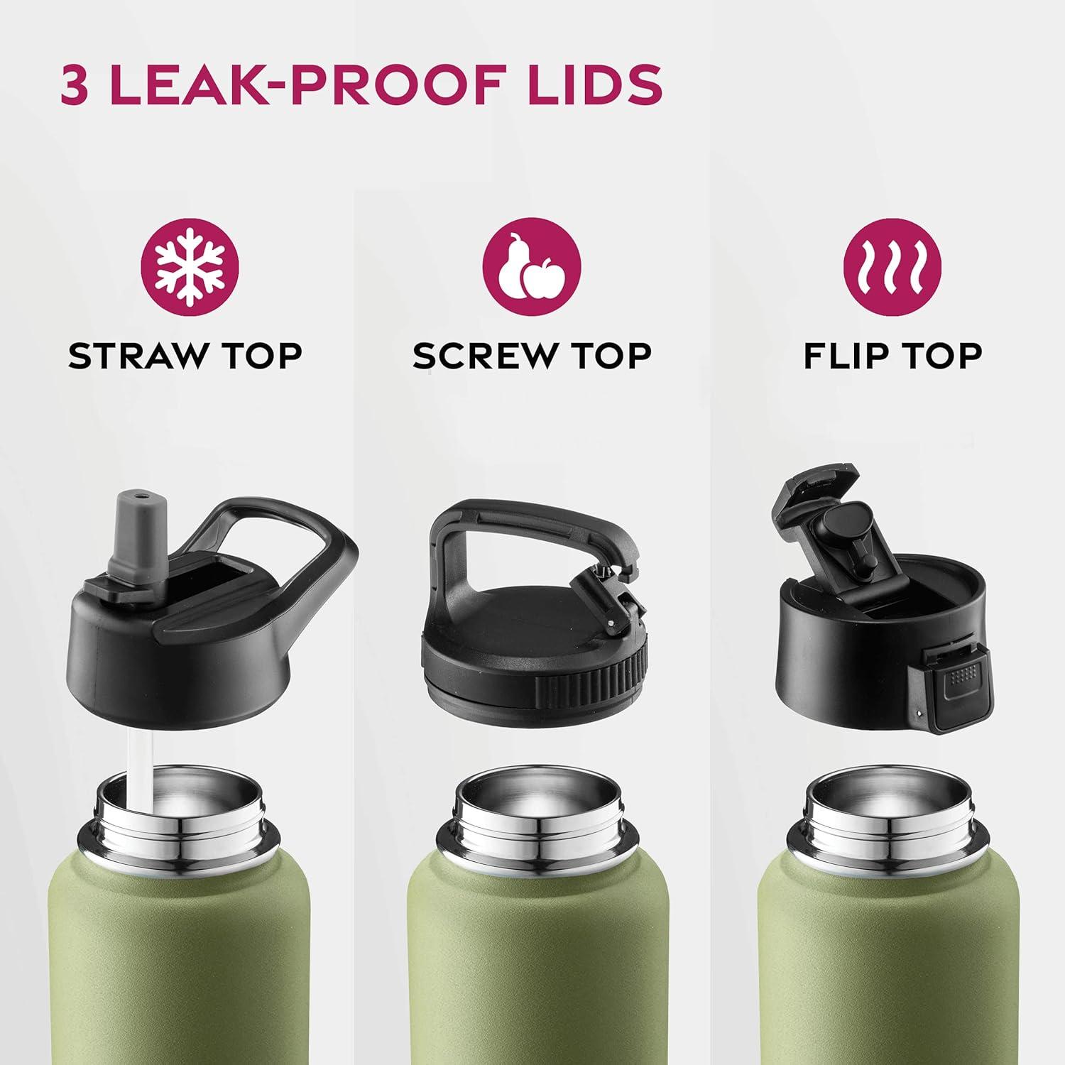 imageFineDine 25 Oz Insulated Water Bottle with Straw Triple Walled Stainless Steel Metal Bottle W 3 Leak Proof Lids For Travel School Sports GymMen Women ampamp Kids Inky Raven BlackArmy Green