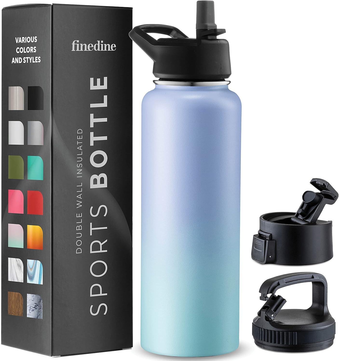 imageFineDine 25 Oz Insulated Water Bottle with Straw Triple Walled Stainless Steel Metal Bottle W 3 Leak Proof Lids For Travel School Sports GymMen Women ampamp Kids Inky Raven BlackPowder Steel Blue Blend