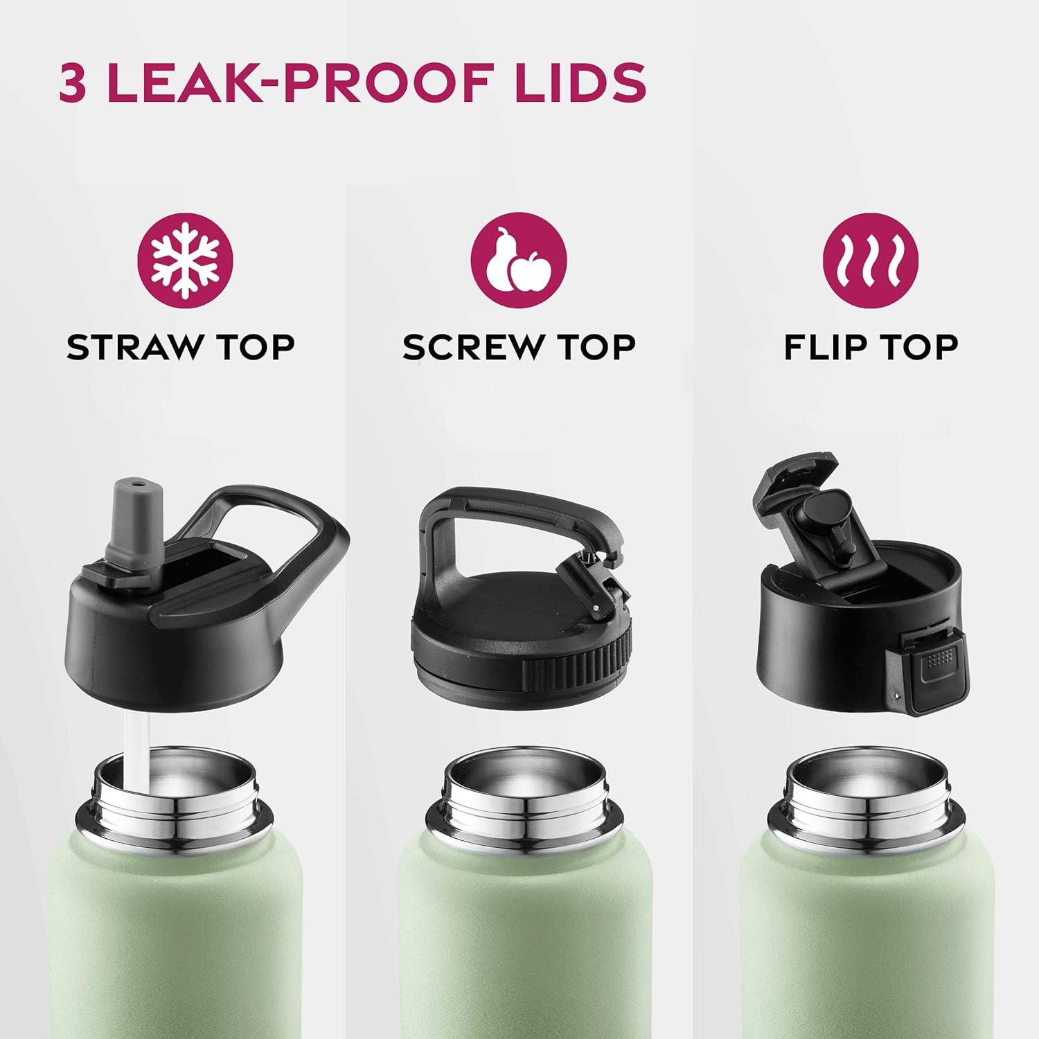 imageFineDine 25 Oz Insulated Water Bottle with Straw Triple Walled Stainless Steel Metal Bottle W 3 Leak Proof Lids For Travel School Sports GymMen Women ampamp Kids Inky Raven BlackDreamy Green
