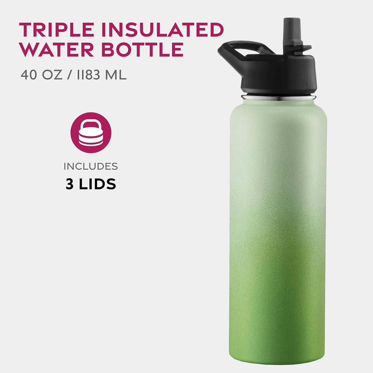 imageFineDine 25 Oz Insulated Water Bottle with Straw Triple Walled Stainless Steel Metal Bottle W 3 Leak Proof Lids For Travel School Sports GymMen Women ampamp Kids Inky Raven BlackDreamy Green