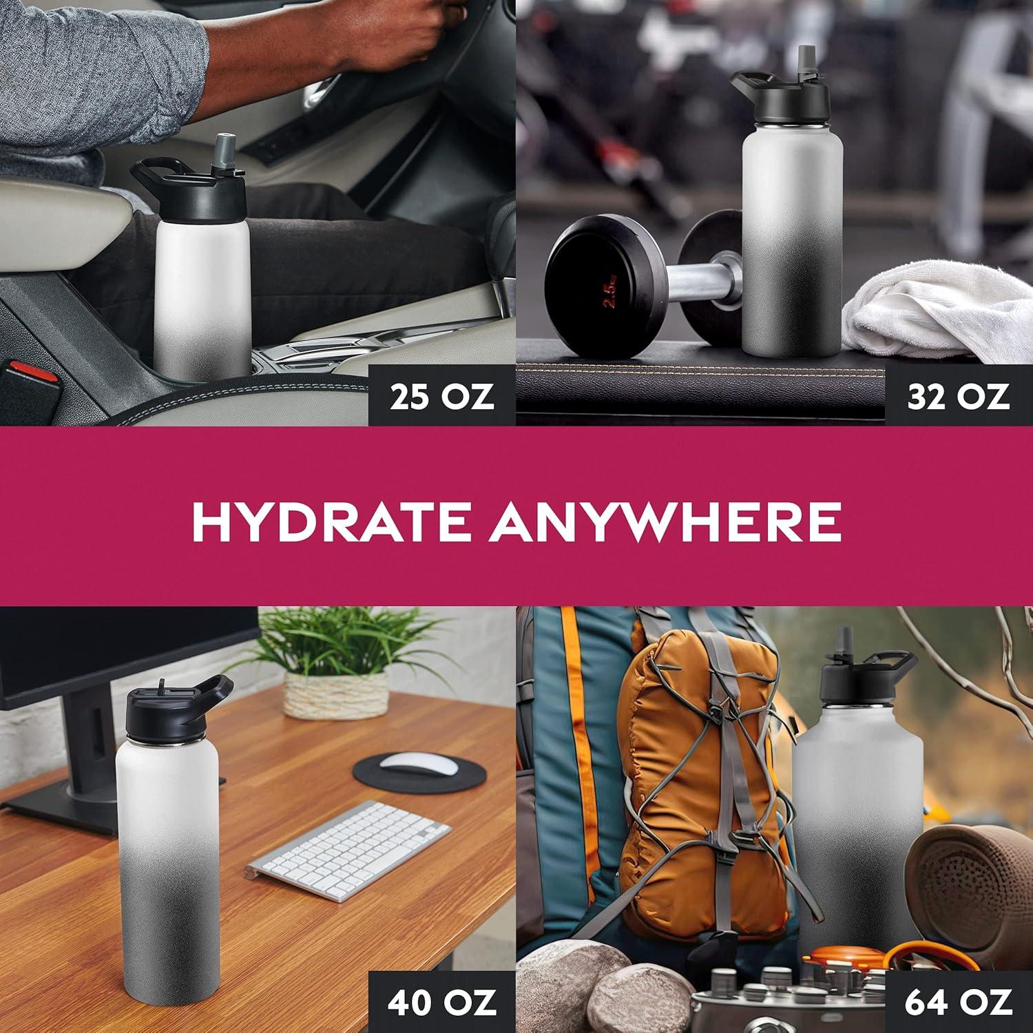 imageFineDine 25 Oz Insulated Water Bottle with Straw Triple Walled Stainless Steel Metal Bottle W 3 Leak Proof Lids For Travel School Sports GymMen Women ampamp Kids Inky Raven BlackDreamy BlackWhite