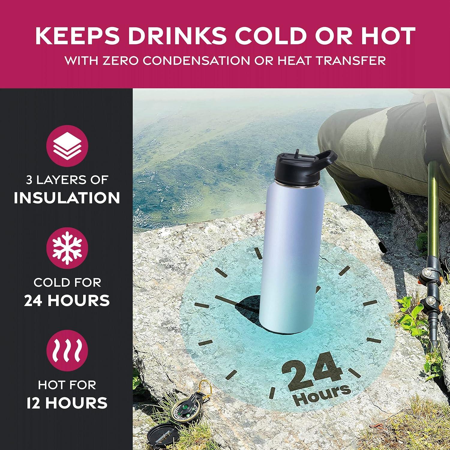 imageFineDine 25 Oz Insulated Water Bottle with Straw Triple Walled Stainless Steel Metal Bottle W 3 Leak Proof Lids For Travel School Sports GymMen Women ampamp Kids Inky Raven BlackPowder Steel Blue Blend