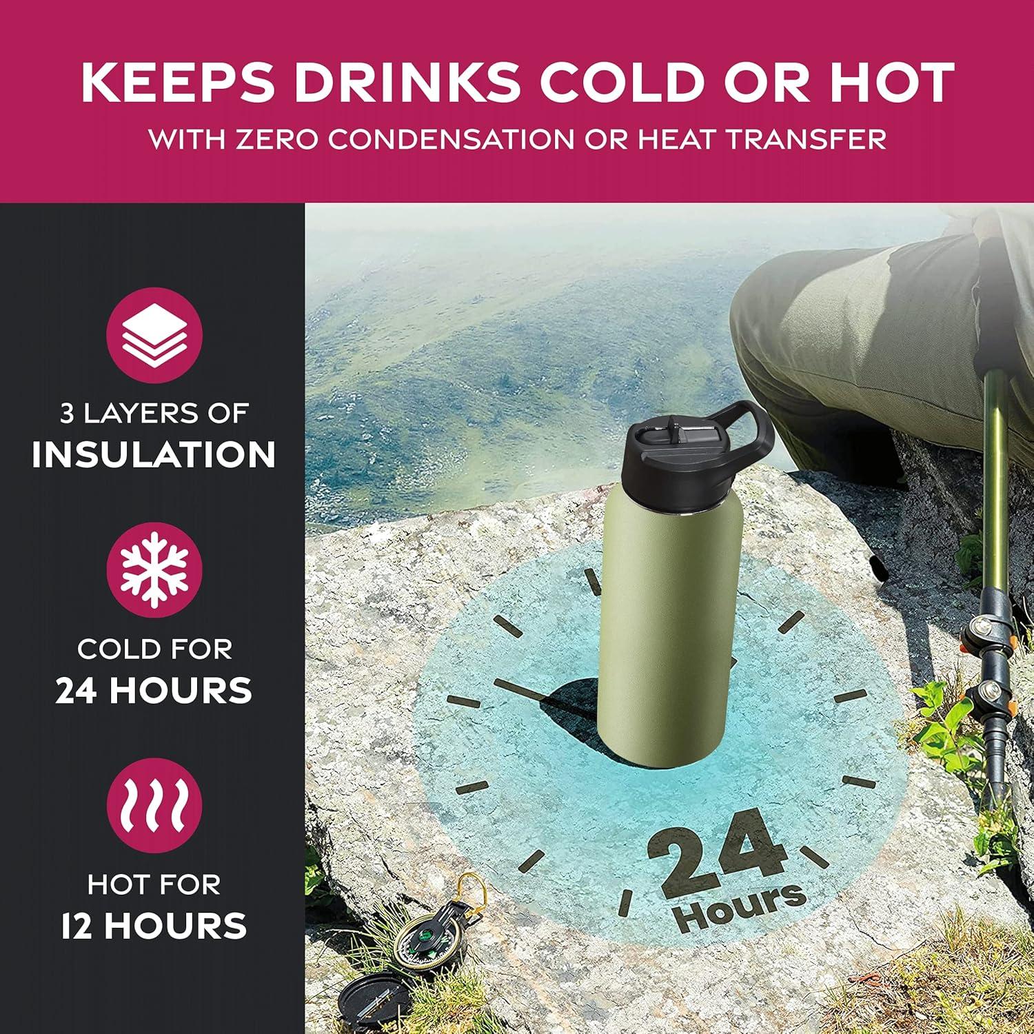 imageFineDine 25 Oz Insulated Water Bottle with Straw Triple Walled Stainless Steel Metal Bottle W 3 Leak Proof Lids For Travel School Sports GymMen Women ampamp Kids Inky Raven BlackArmy Green