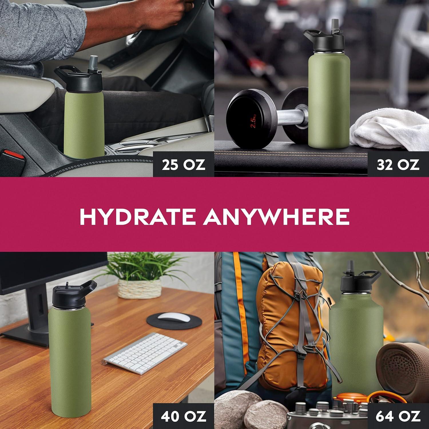 imageFineDine 25 Oz Insulated Water Bottle with Straw Triple Walled Stainless Steel Metal Bottle W 3 Leak Proof Lids For Travel School Sports GymMen Women ampamp Kids Inky Raven BlackArmy Green