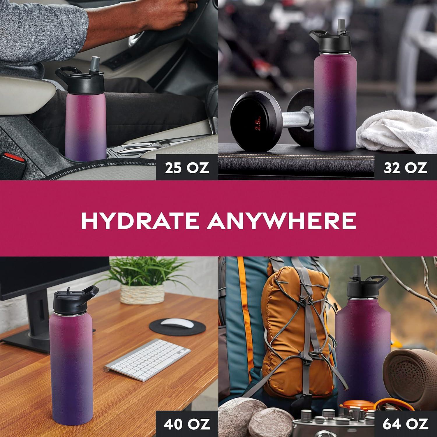 imageFineDine 25 Oz Insulated Water Bottle with Straw Triple Walled Stainless Steel Metal Bottle W 3 Leak Proof Lids For Travel School Sports GymMen Women ampamp Kids Inky Raven BlackDreamy Purple