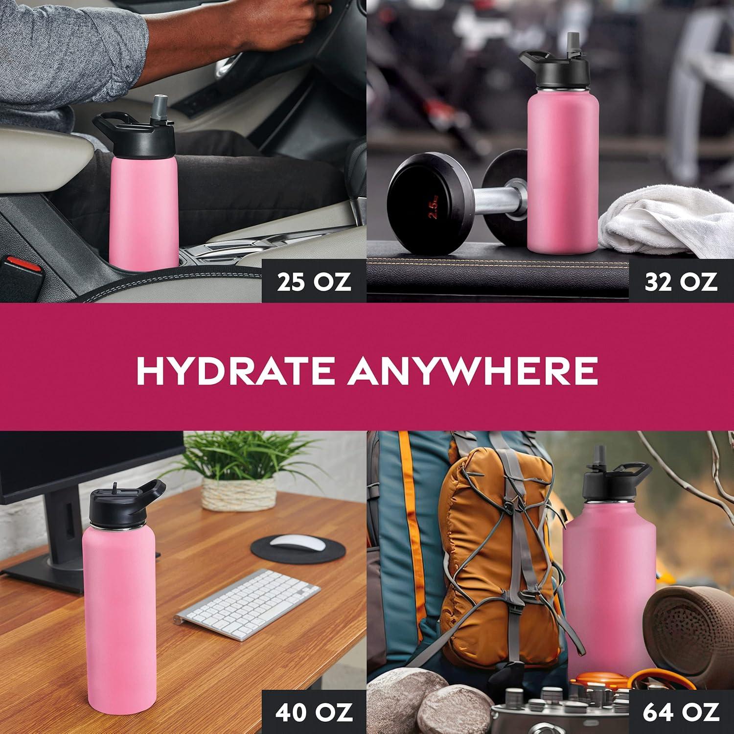 imageFineDine 25 Oz Insulated Water Bottle with Straw Triple Walled Stainless Steel Metal Bottle W 3 Leak Proof Lids For Travel School Sports GymMen Women ampamp Kids Inky Raven BlackStriking French Rose