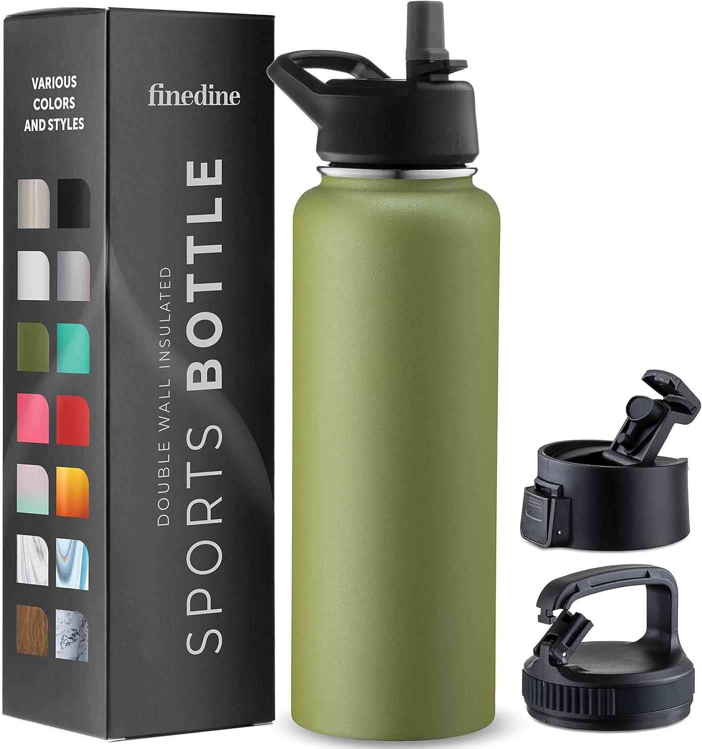 imageFineDine 25 Oz Insulated Water Bottle with Straw Triple Walled Stainless Steel Metal Bottle W 3 Leak Proof Lids For Travel School Sports GymMen Women ampamp Kids Inky Raven BlackArmy Green