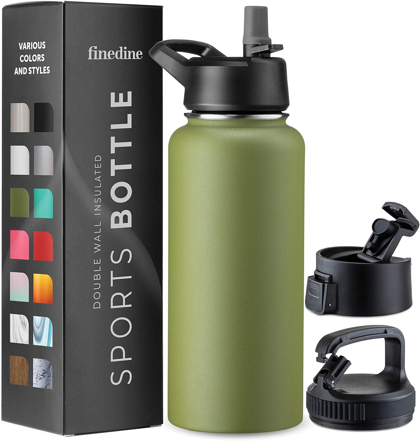 imageFineDine 25 Oz Insulated Water Bottle with Straw Triple Walled Stainless Steel Metal Bottle W 3 Leak Proof Lids For Travel School Sports GymMen Women ampamp Kids Inky Raven BlackArmy Green