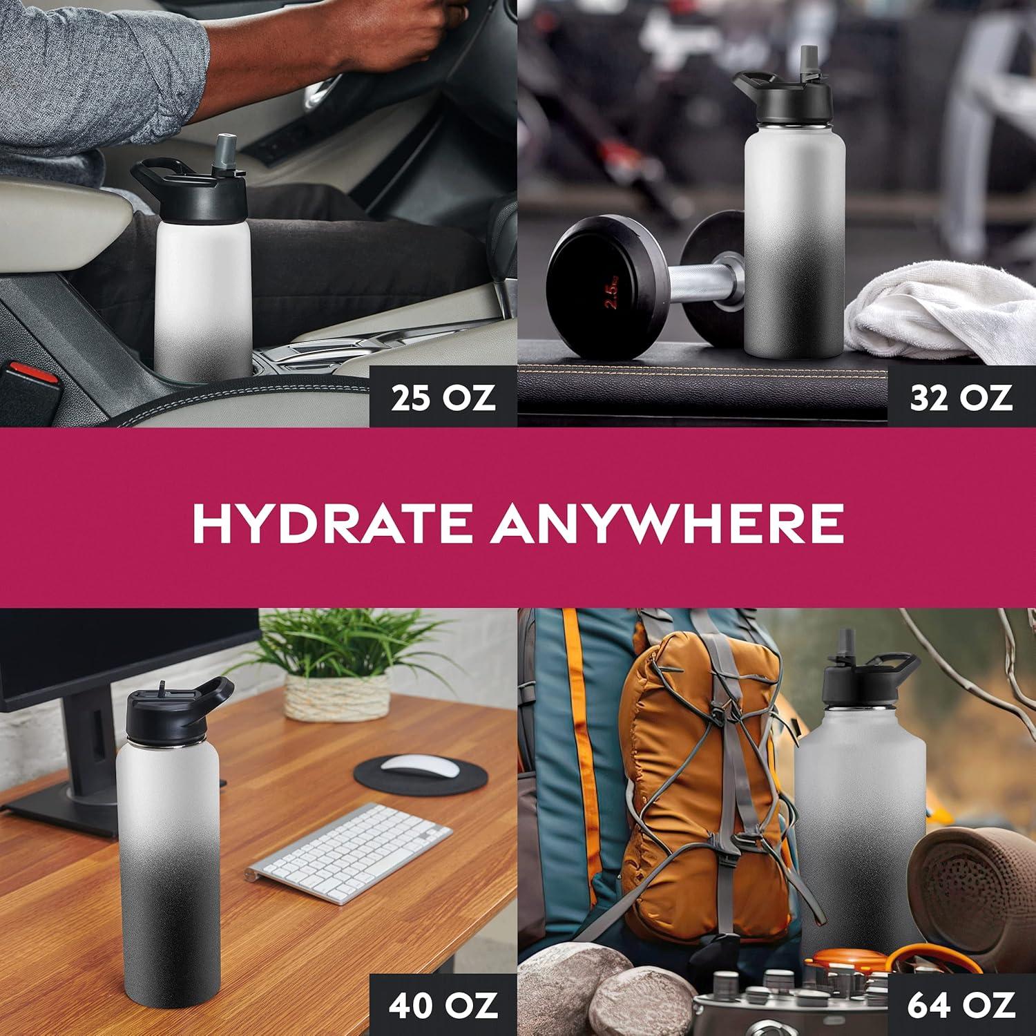 imageFineDine 25 Oz Insulated Water Bottle with Straw Triple Walled Stainless Steel Metal Bottle W 3 Leak Proof Lids For Travel School Sports GymMen Women ampamp Kids Inky Raven BlackDreamy BlackWhite