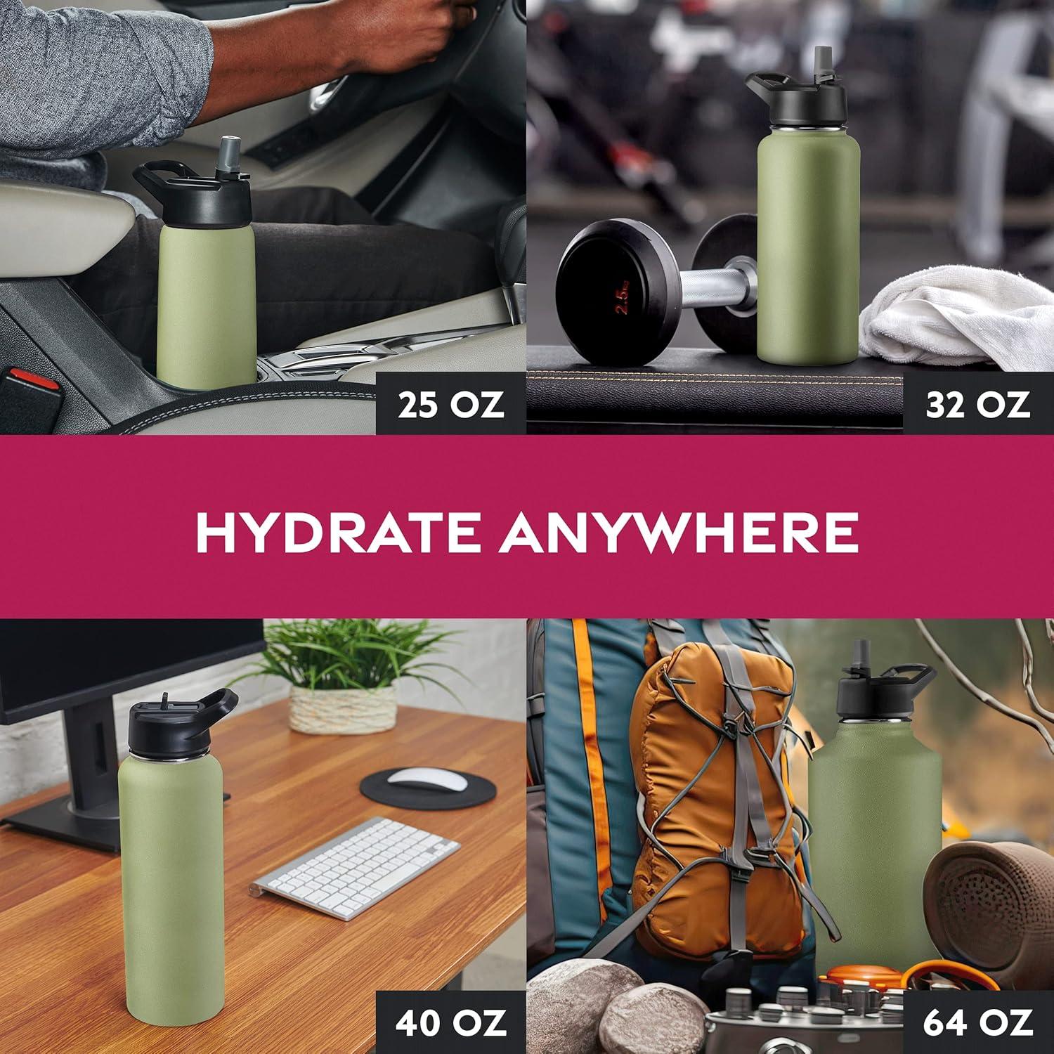 imageFineDine 25 Oz Insulated Water Bottle with Straw Triple Walled Stainless Steel Metal Bottle W 3 Leak Proof Lids For Travel School Sports GymMen Women ampamp Kids Inky Raven BlackArmy Green