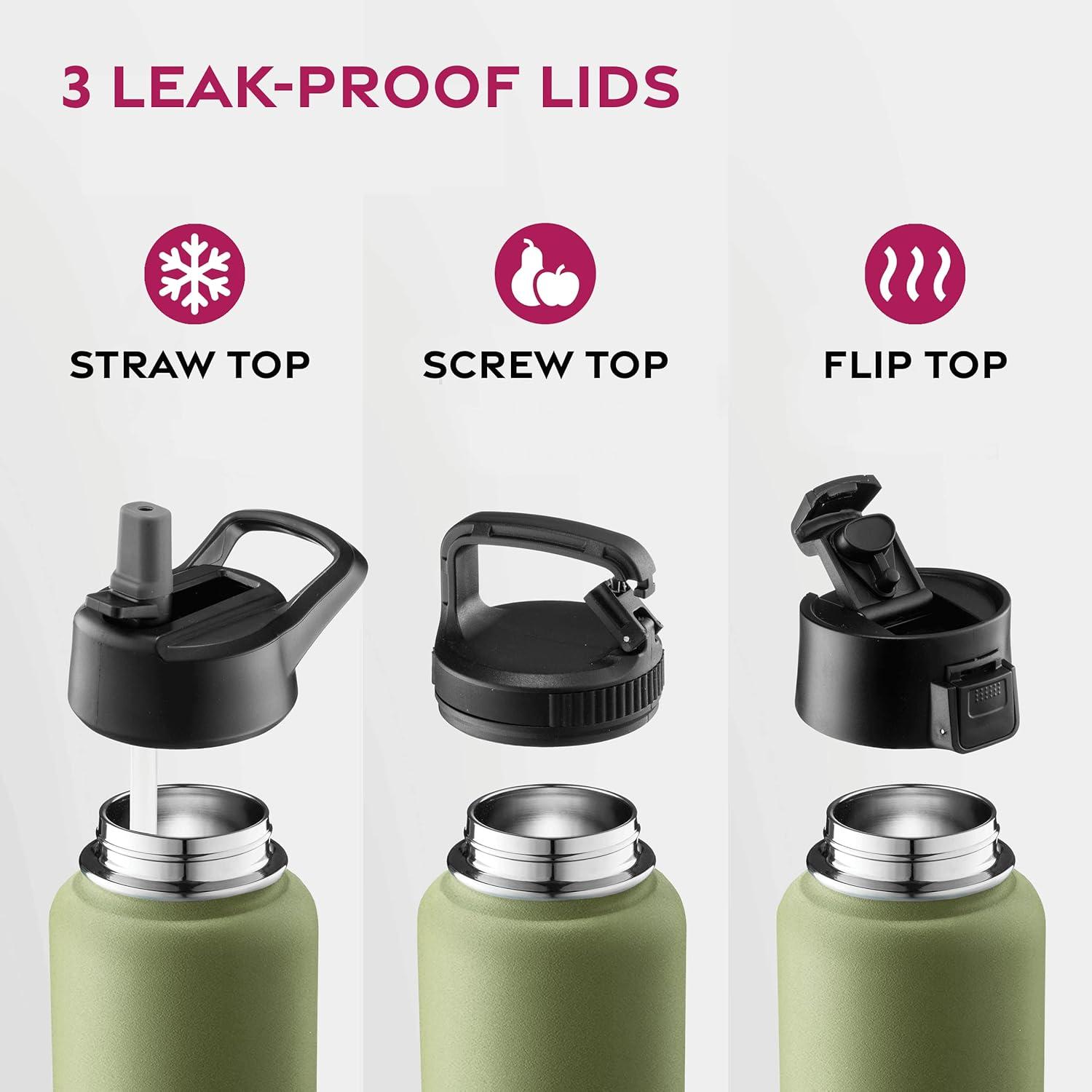 imageFineDine 25 Oz Insulated Water Bottle with Straw Triple Walled Stainless Steel Metal Bottle W 3 Leak Proof Lids For Travel School Sports GymMen Women ampamp Kids Inky Raven BlackArmy Green