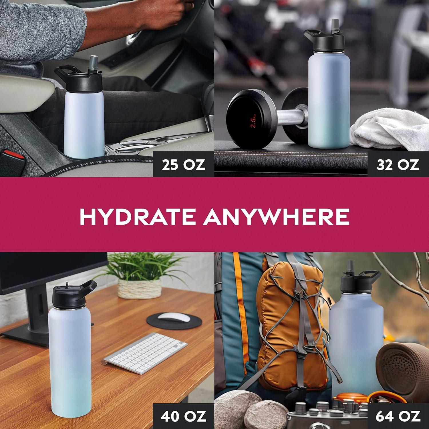 imageFineDine 25 Oz Insulated Water Bottle with Straw Triple Walled Stainless Steel Metal Bottle W 3 Leak Proof Lids For Travel School Sports GymMen Women ampamp Kids Inky Raven BlackPowder Steel Blue Blend