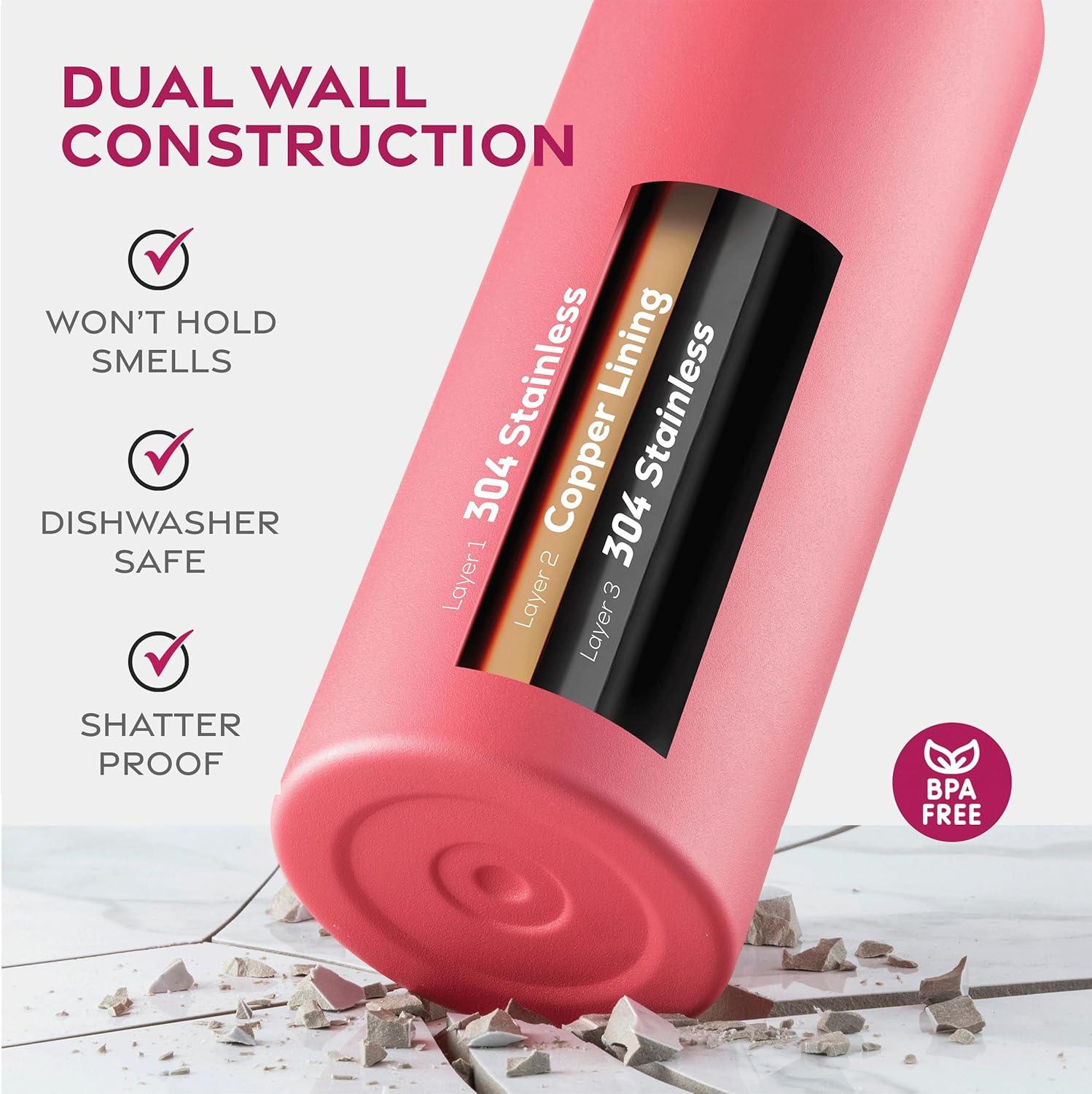 imageFineDine 25 Oz Insulated Water Bottle with Straw Triple Walled Stainless Steel Metal Bottle W 3 Leak Proof Lids For Travel School Sports GymMen Women ampamp Kids Inky Raven BlackStriking French Rose