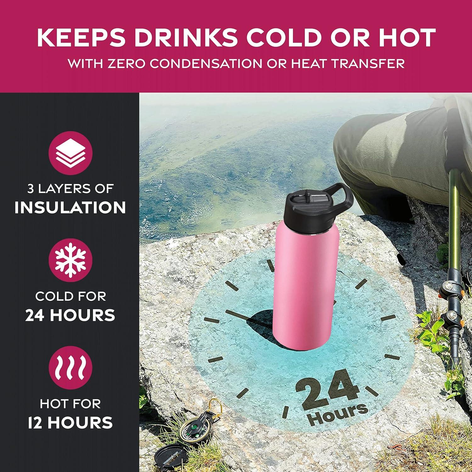 imageFineDine 25 Oz Insulated Water Bottle with Straw Triple Walled Stainless Steel Metal Bottle W 3 Leak Proof Lids For Travel School Sports GymMen Women ampamp Kids Inky Raven BlackStriking French Rose