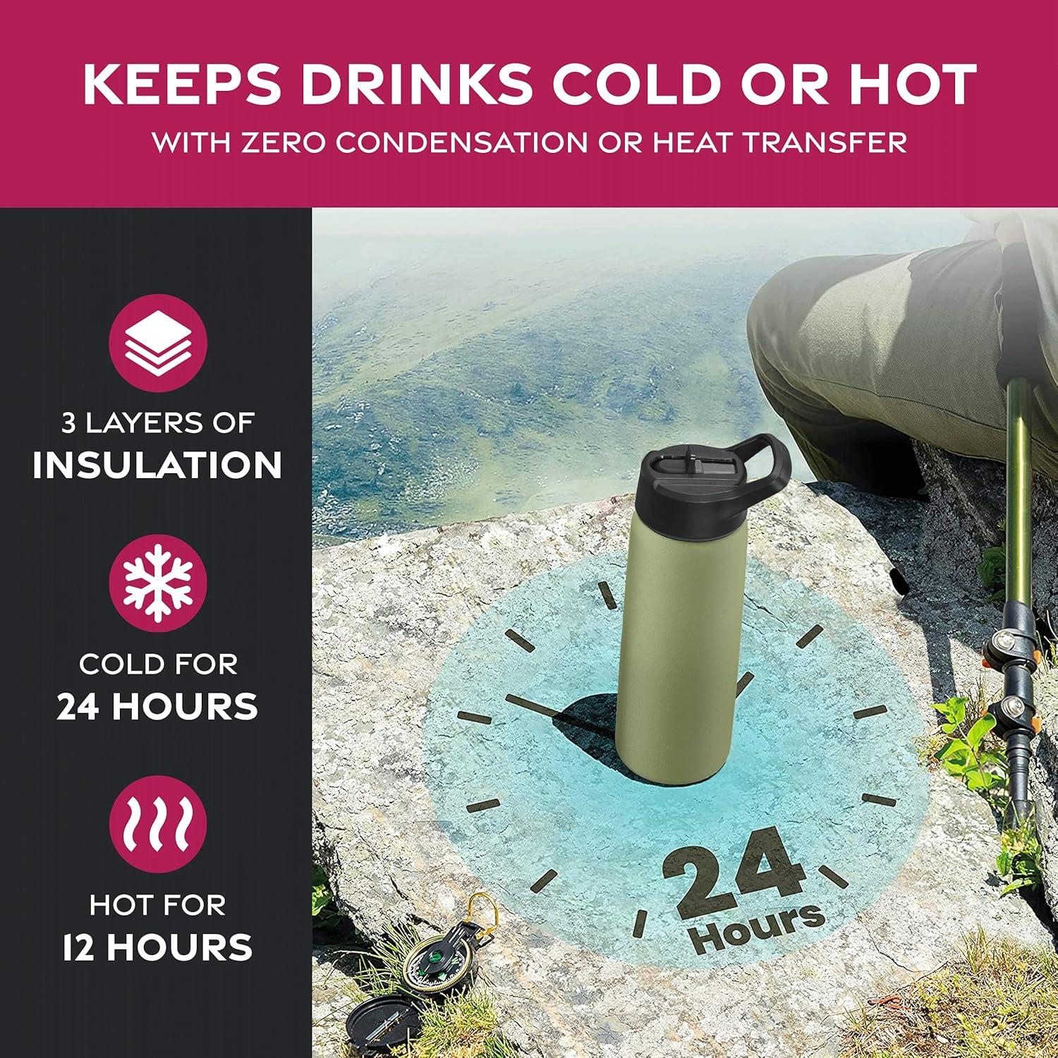 imageFineDine 25 Oz Insulated Water Bottle with Straw Triple Walled Stainless Steel Metal Bottle W 3 Leak Proof Lids For Travel School Sports GymMen Women ampamp Kids Inky Raven BlackArmy Green
