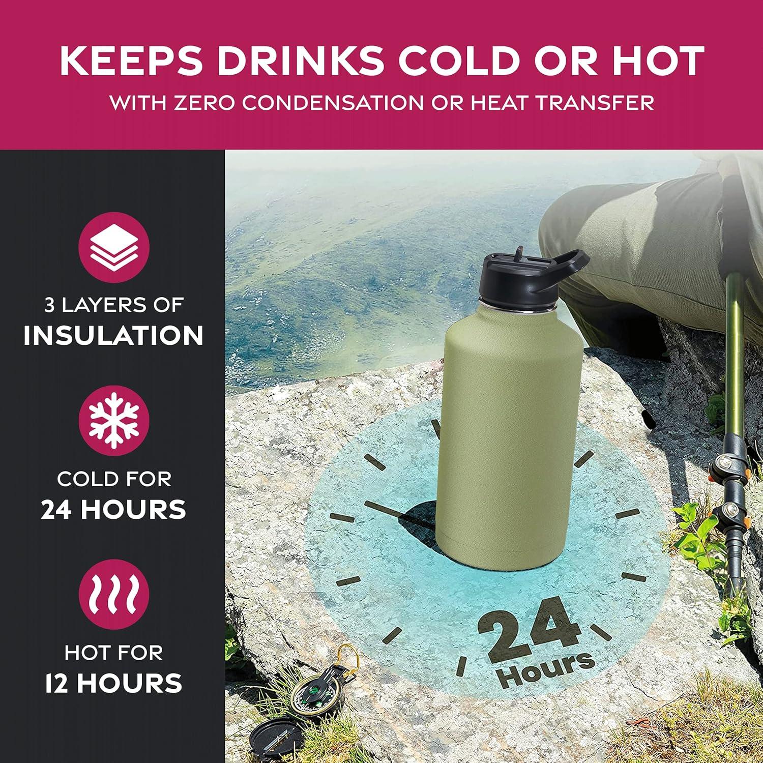 imageFineDine 25 Oz Insulated Water Bottle with Straw Triple Walled Stainless Steel Metal Bottle W 3 Leak Proof Lids For Travel School Sports GymMen Women ampamp Kids Inky Raven BlackArmy Green