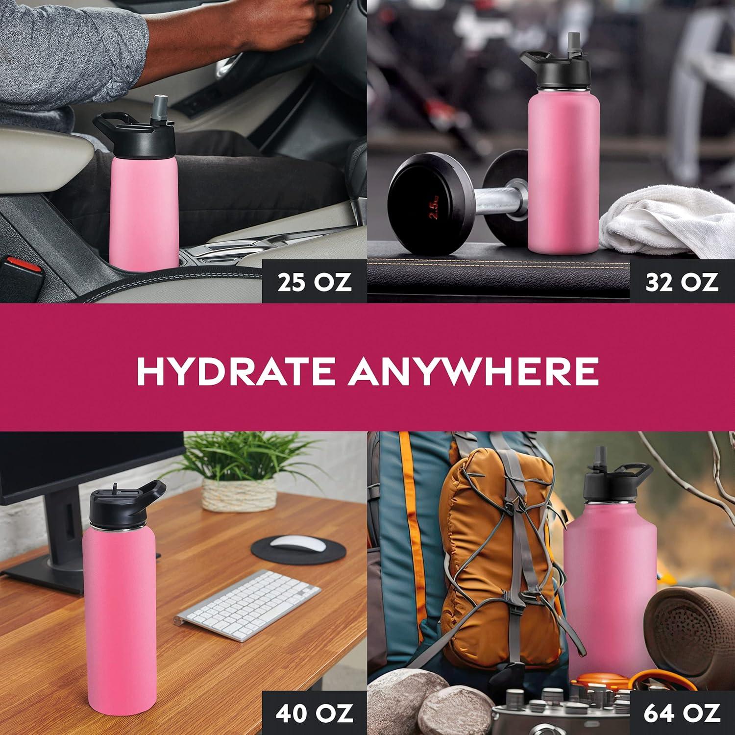 imageFineDine 25 Oz Insulated Water Bottle with Straw Triple Walled Stainless Steel Metal Bottle W 3 Leak Proof Lids For Travel School Sports GymMen Women ampamp Kids Inky Raven BlackStriking French Rose