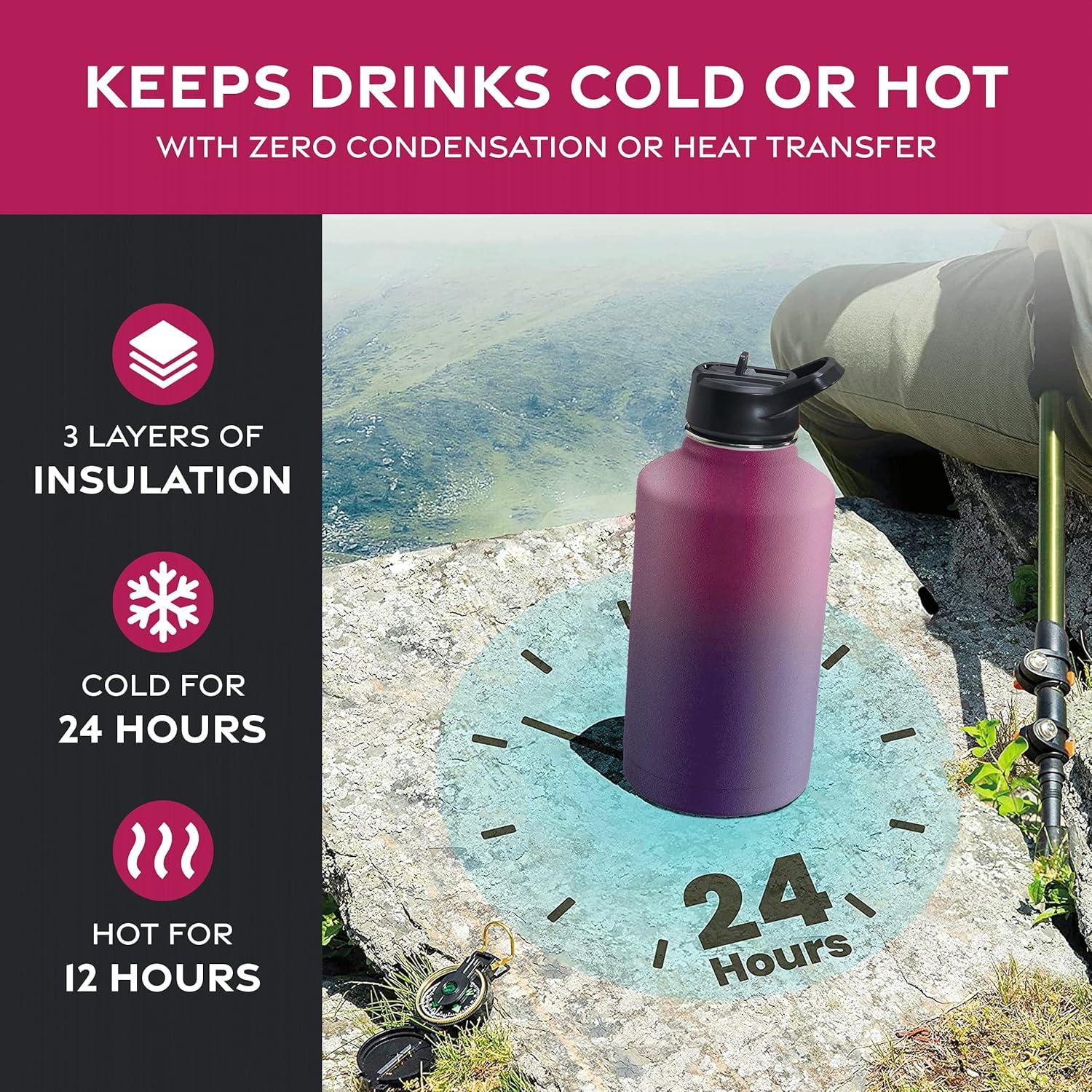 imageFineDine 25 Oz Insulated Water Bottle with Straw Triple Walled Stainless Steel Metal Bottle W 3 Leak Proof Lids For Travel School Sports GymMen Women ampamp Kids Inky Raven BlackDreamy Purple