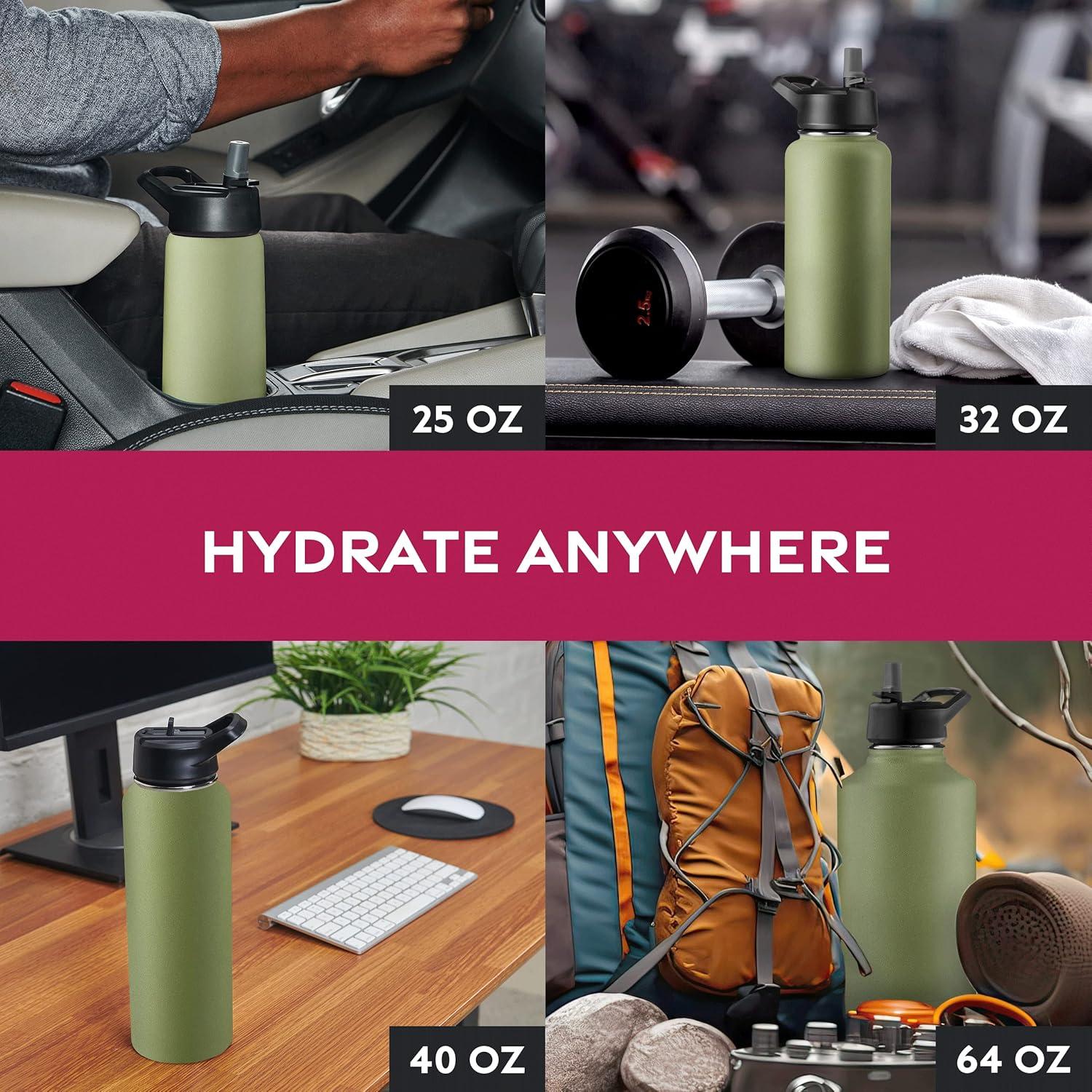 imageFineDine 25 Oz Insulated Water Bottle with Straw Triple Walled Stainless Steel Metal Bottle W 3 Leak Proof Lids For Travel School Sports GymMen Women ampamp Kids Inky Raven BlackArmy Green
