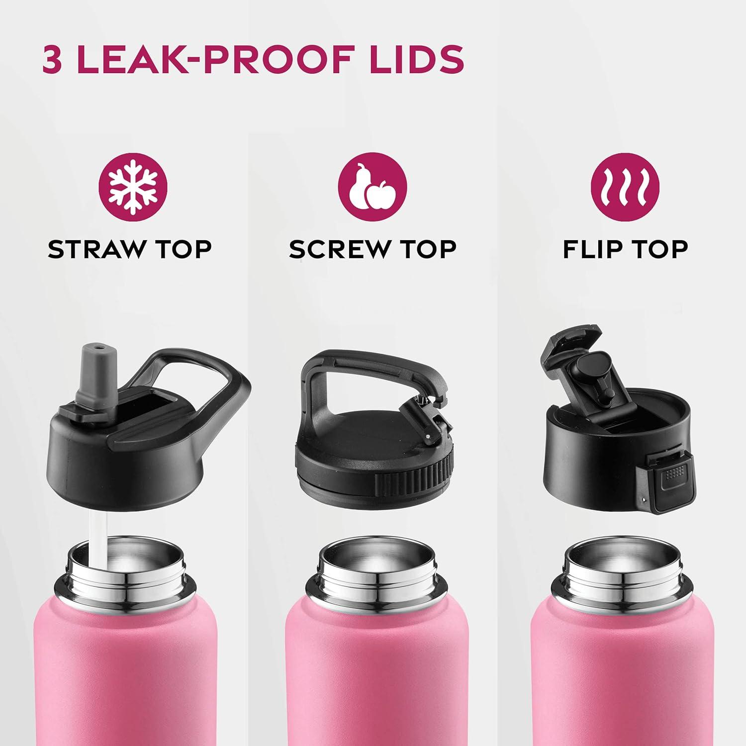 imageFineDine 25 Oz Insulated Water Bottle with Straw Triple Walled Stainless Steel Metal Bottle W 3 Leak Proof Lids For Travel School Sports GymMen Women ampamp Kids Inky Raven BlackStriking French Rose