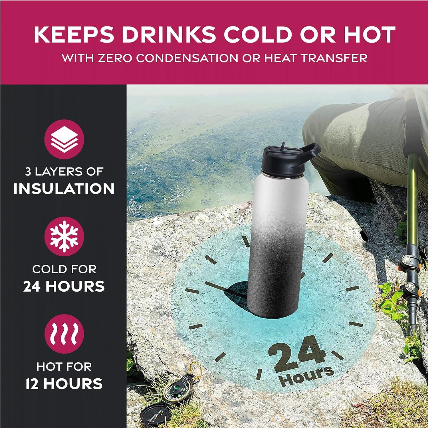 imageFineDine 25 Oz Insulated Water Bottle with Straw Triple Walled Stainless Steel Metal Bottle W 3 Leak Proof Lids For Travel School Sports GymMen Women ampamp Kids Inky Raven BlackDreamy BlackWhite