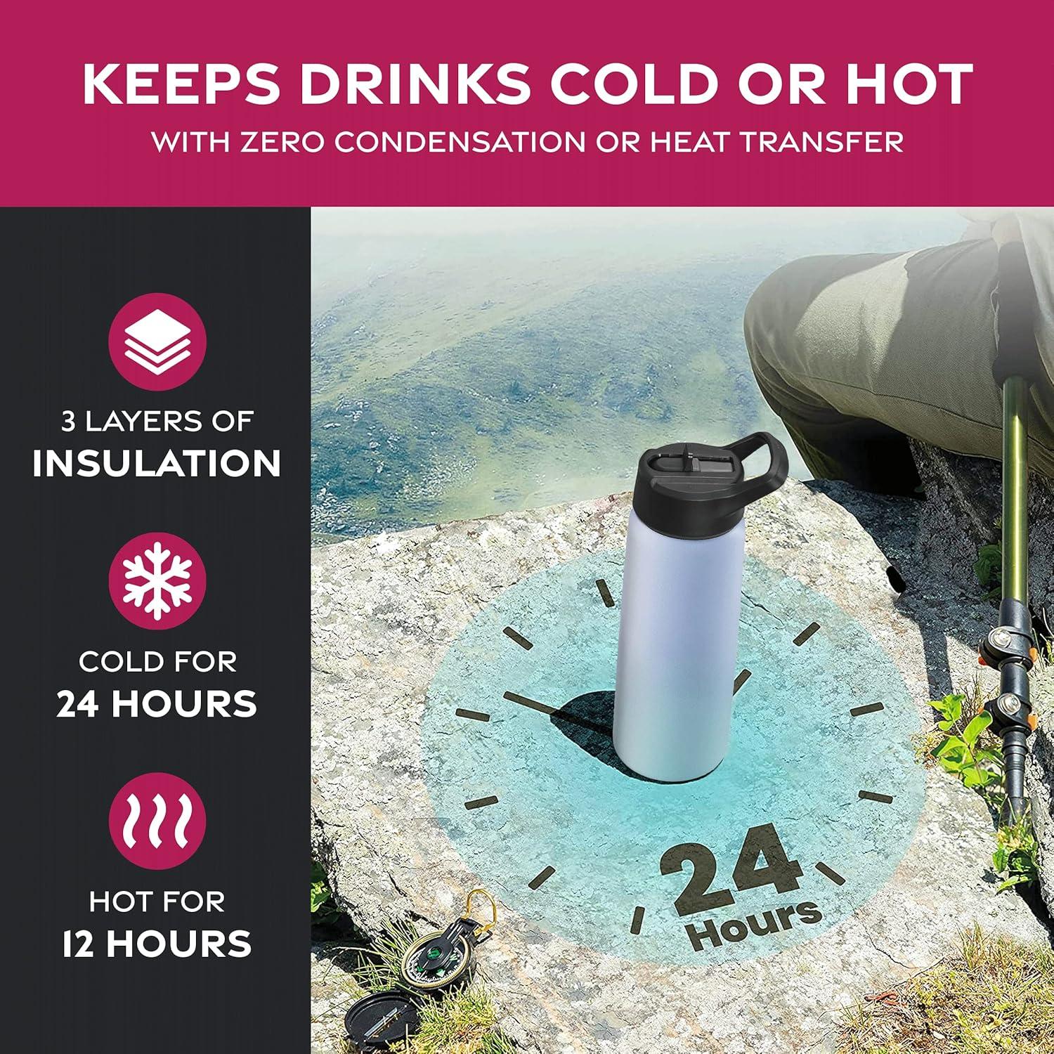 imageFineDine 25 Oz Insulated Water Bottle with Straw Triple Walled Stainless Steel Metal Bottle W 3 Leak Proof Lids For Travel School Sports GymMen Women ampamp Kids Inky Raven BlackPowder Steel Blue Blend